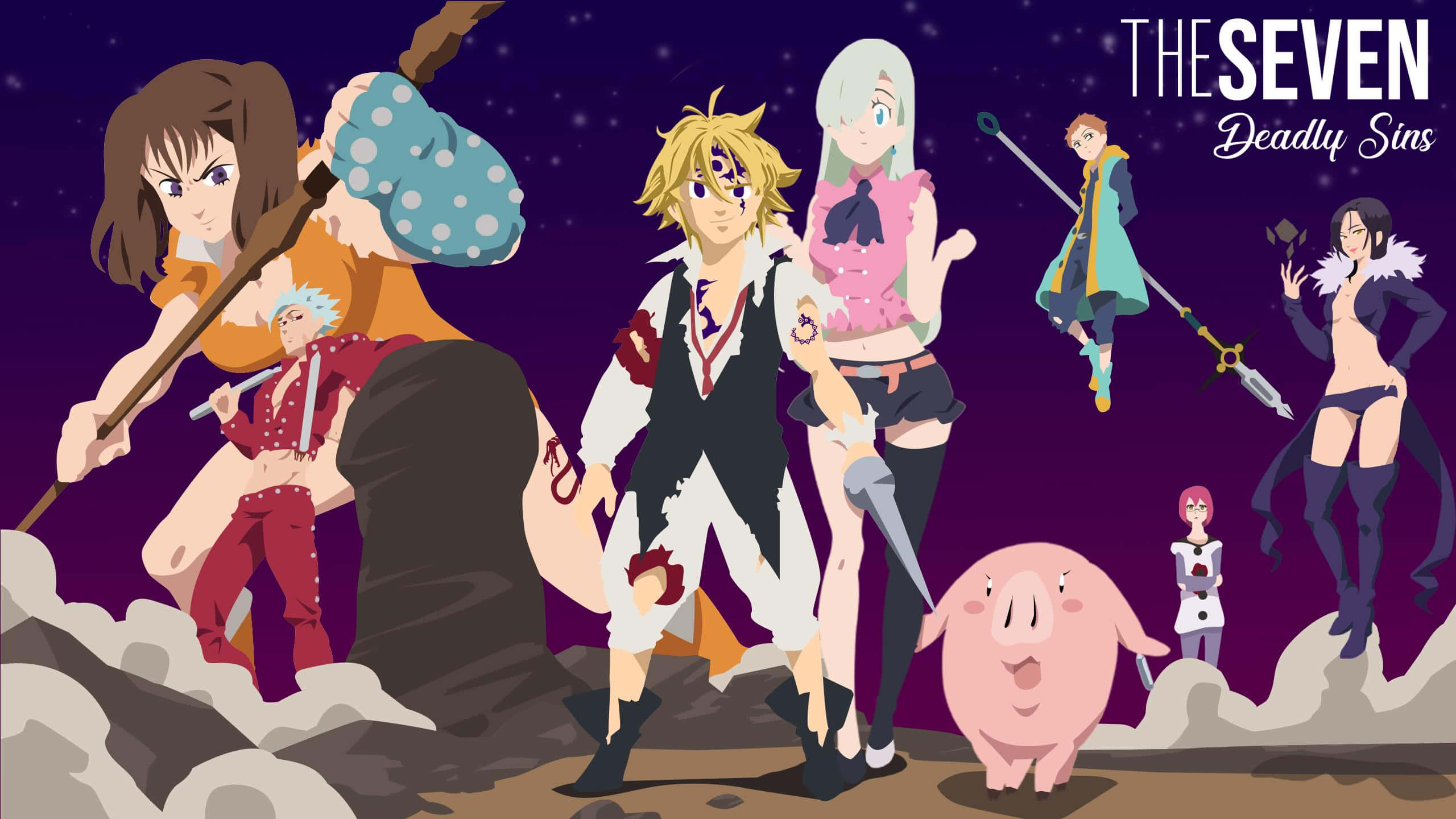 Seven Deadly Sins Ban 桌布 壁紙 — 七個動漫角色和一隻粉紅豬站在岩石地形上，頭頂是繁星點點的紫色天空。