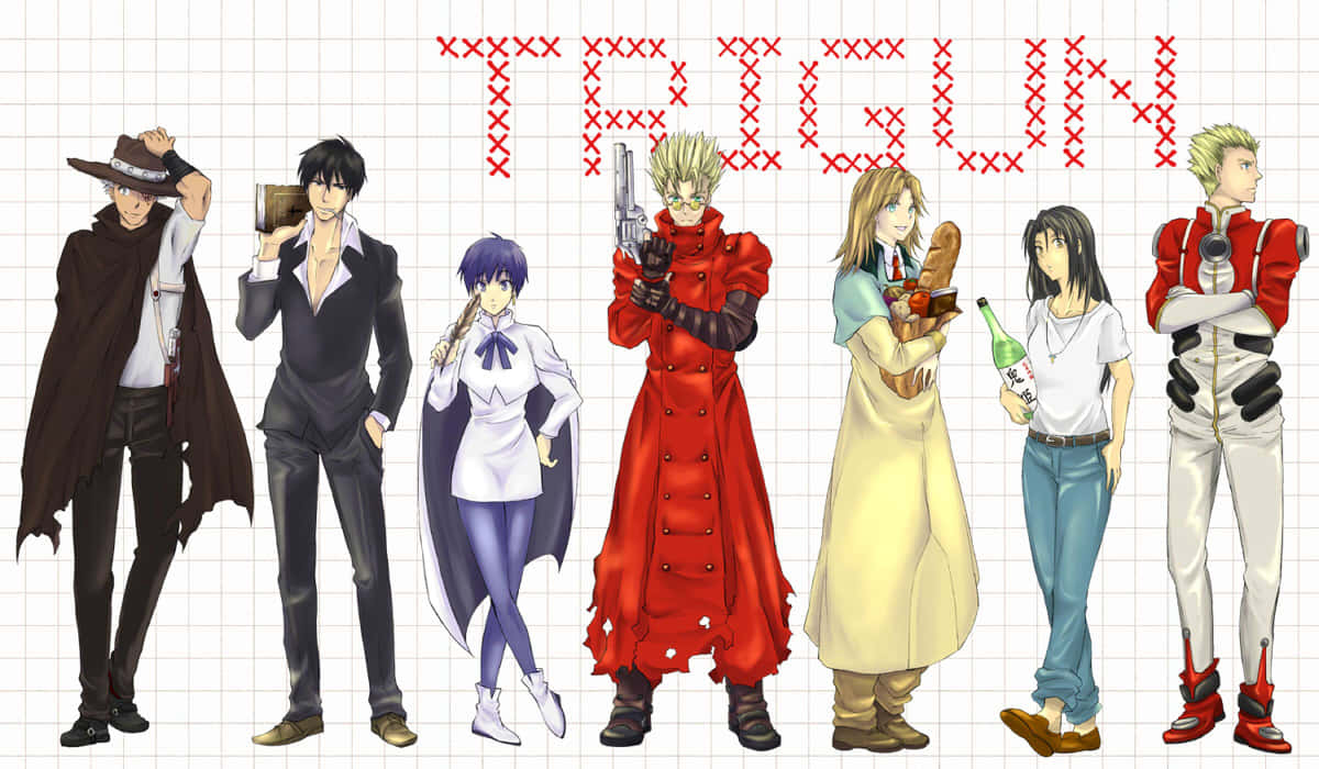  壁紙 — 來自《Trigun》的七個動漫角色在網格背景前站成一排，標題以紅色縫線字體顯示。