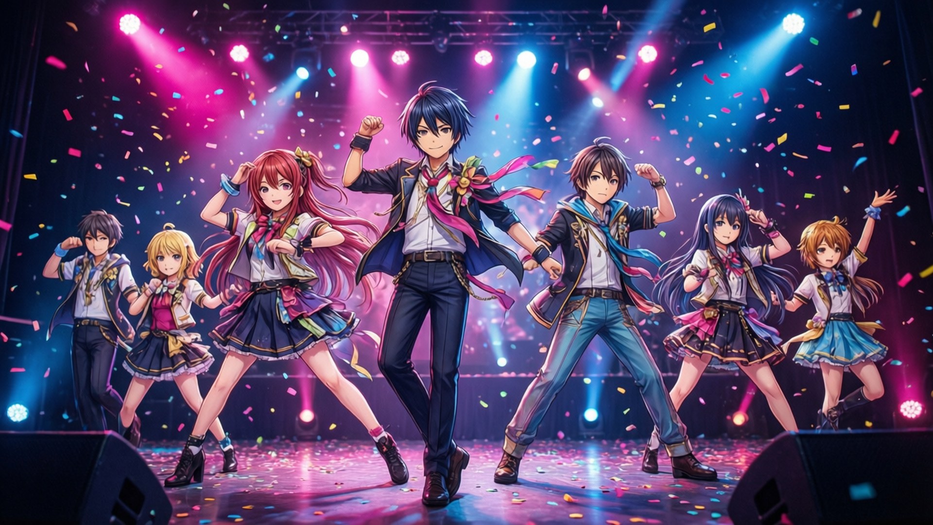 Ensemble Stars 桌布 壁紙 — 七位動漫偶像在色彩繽紛的聚光燈下，於充滿活力的舞台上擺出動感姿勢，紙屑飄落。