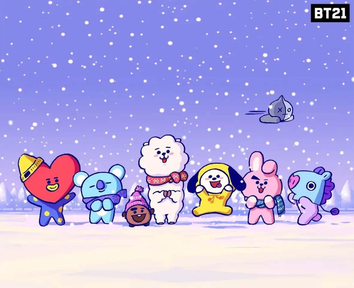 穿著冬季裝備的BT21角色享受下雪天。