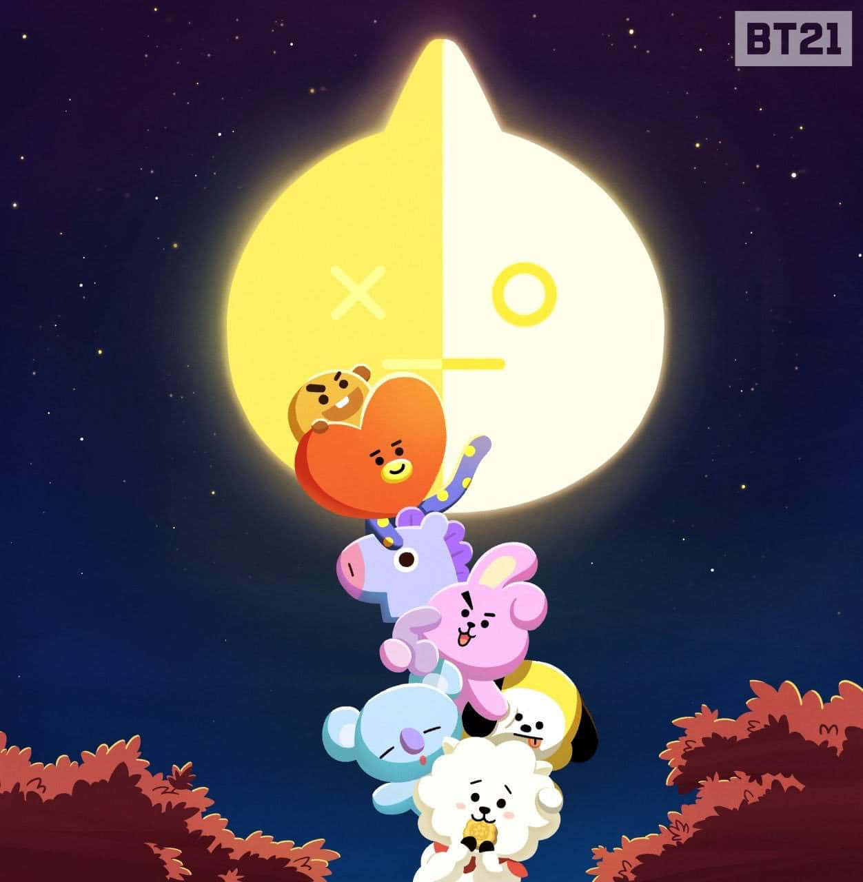 七個BT21角色在夜晚發光的月亮下堆疊。