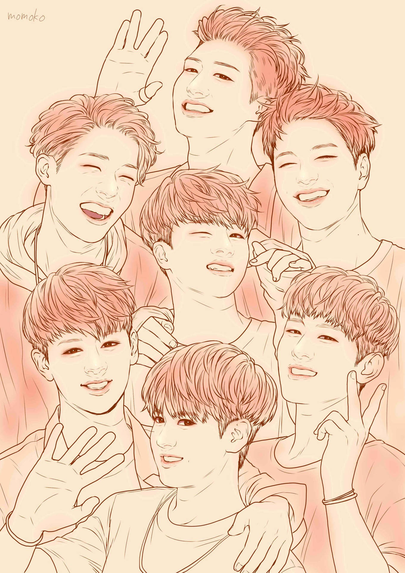 iKON 粉絲創作 壁紙 — 七位紅髮的開朗年輕男子在暖色調線條插圖中微笑揮手。