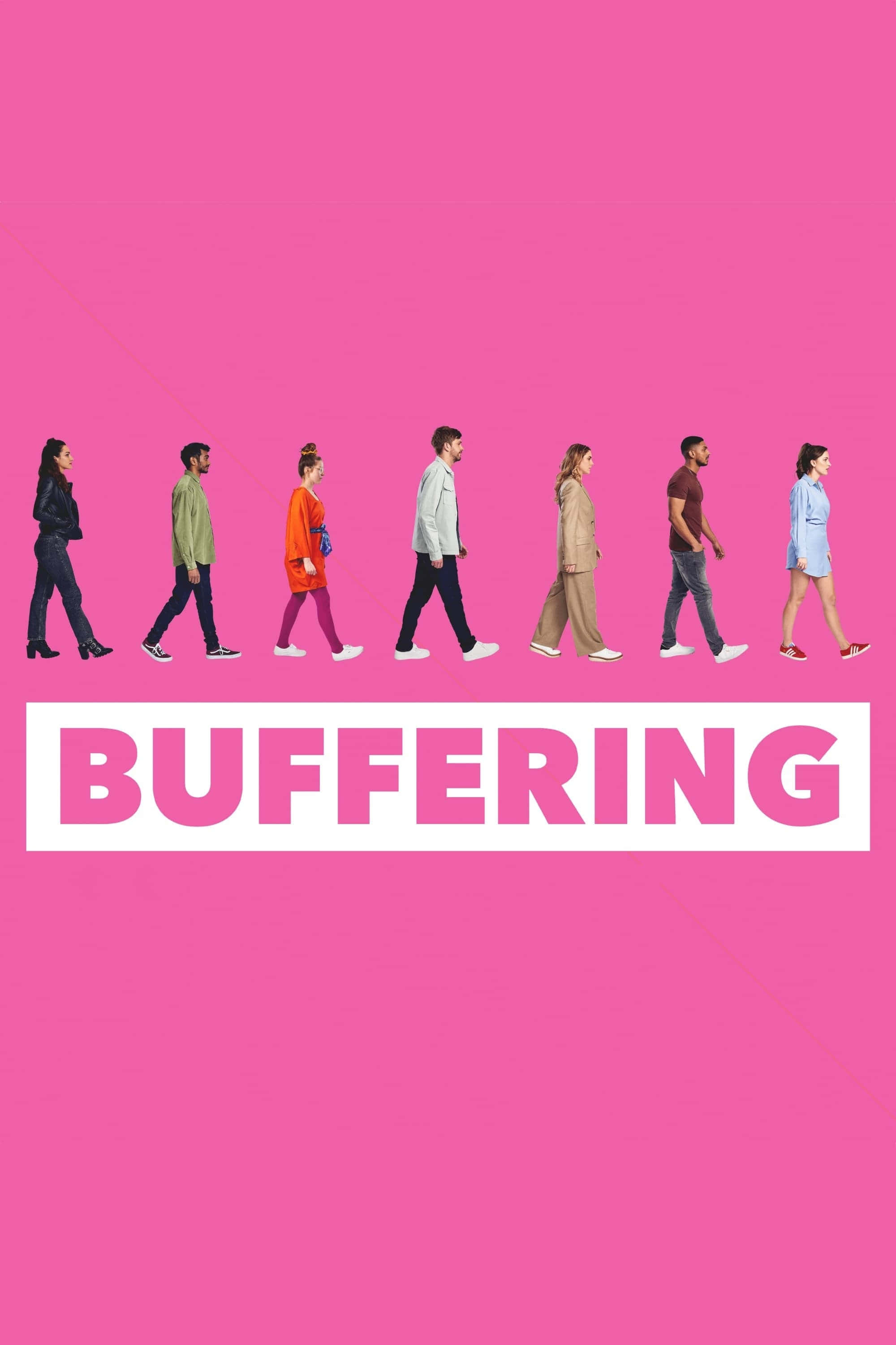 Video Buffering 桌布 壁紙 — 七個不同的人排成一排走過純粉紅色背景，下方顯示「buffering」一詞。