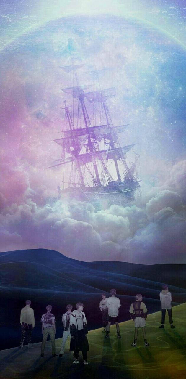 七個人在山丘上看著一艘巨大的船漂浮在繁星點點的星雲中。