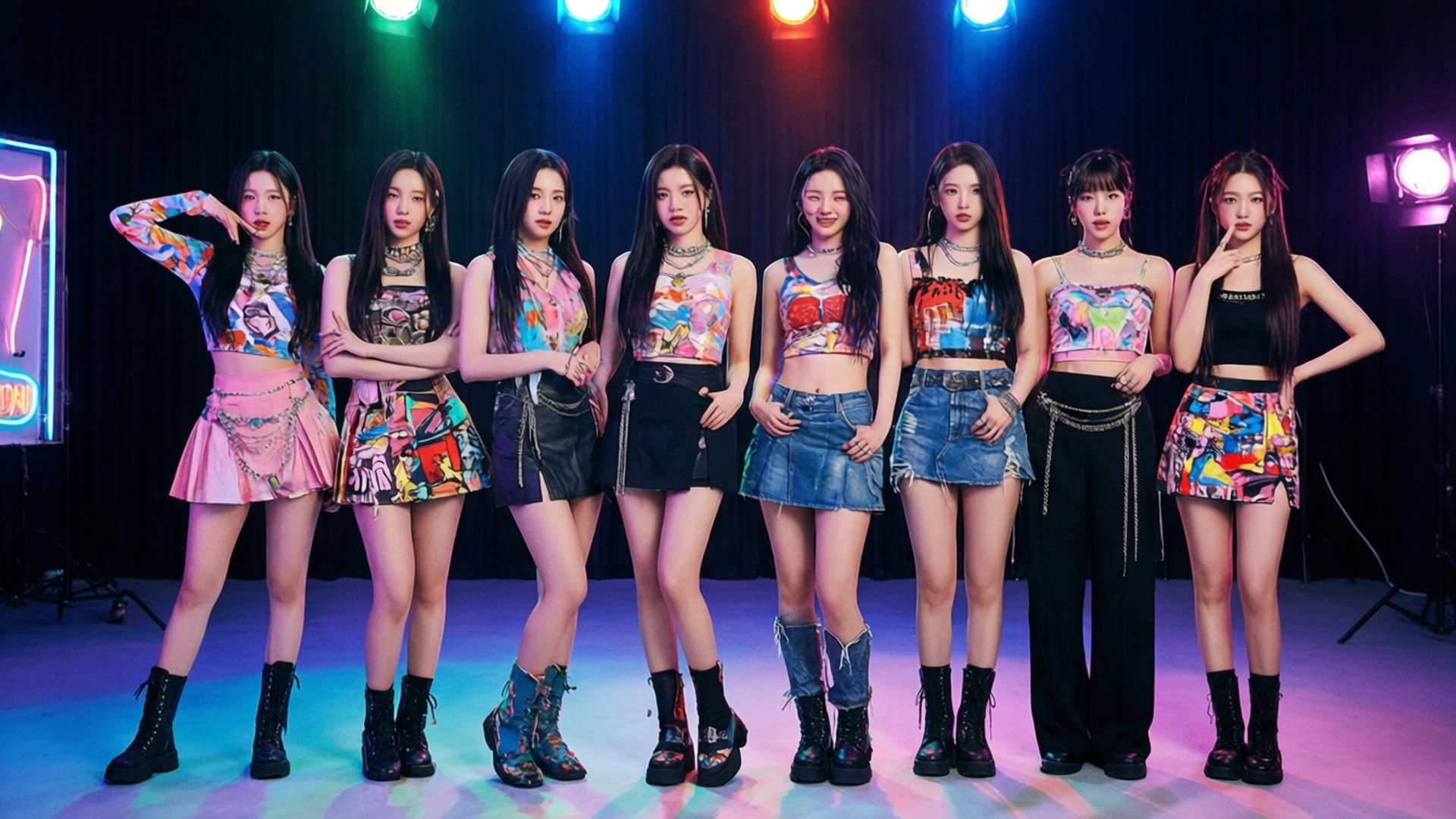 七位K-pop偶像穿著鮮豔服裝，在彩色聚光燈照亮的舞台上擺姿勢。