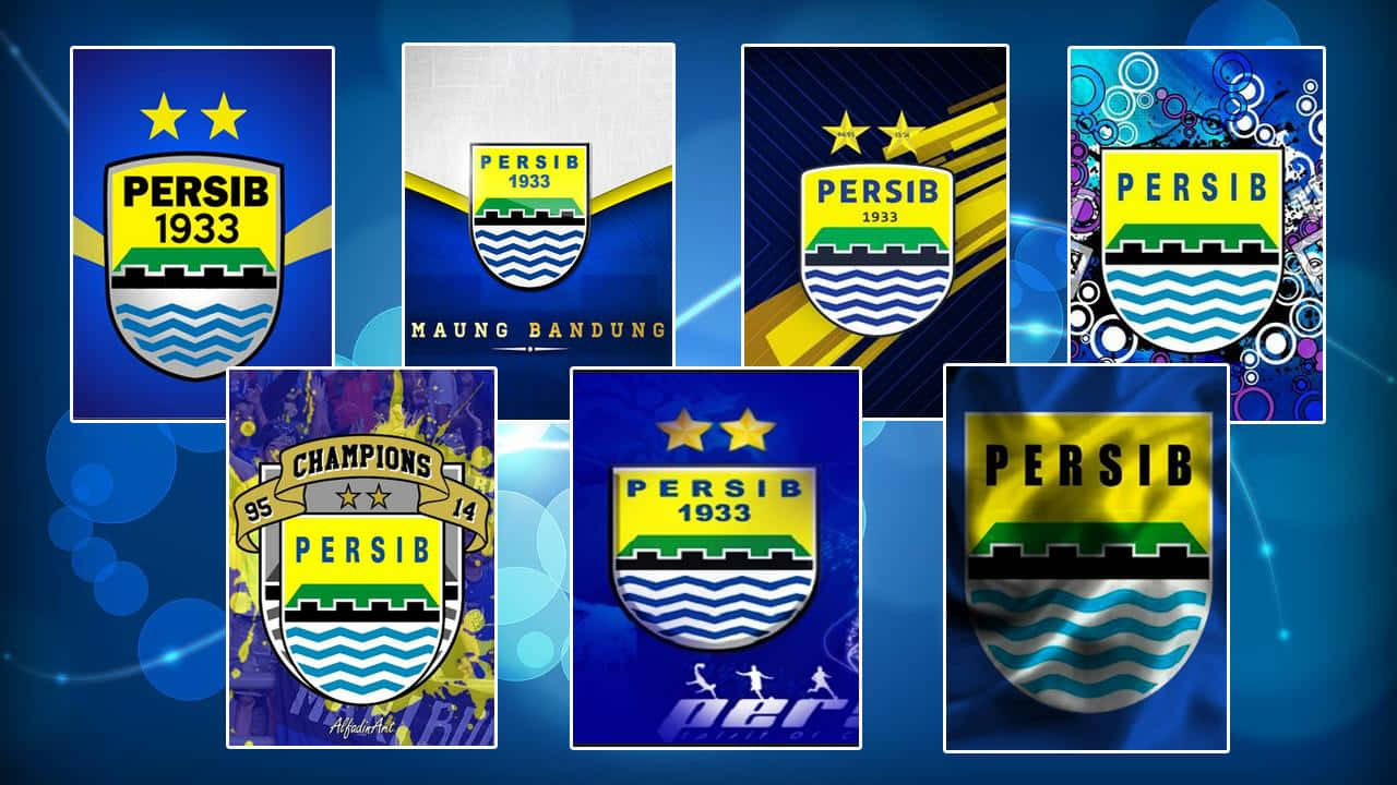  壁紙 — 七個充滿活力的Persib Bandung足球會標誌設計，在帶有散景效果的發光藍色背景上展示。