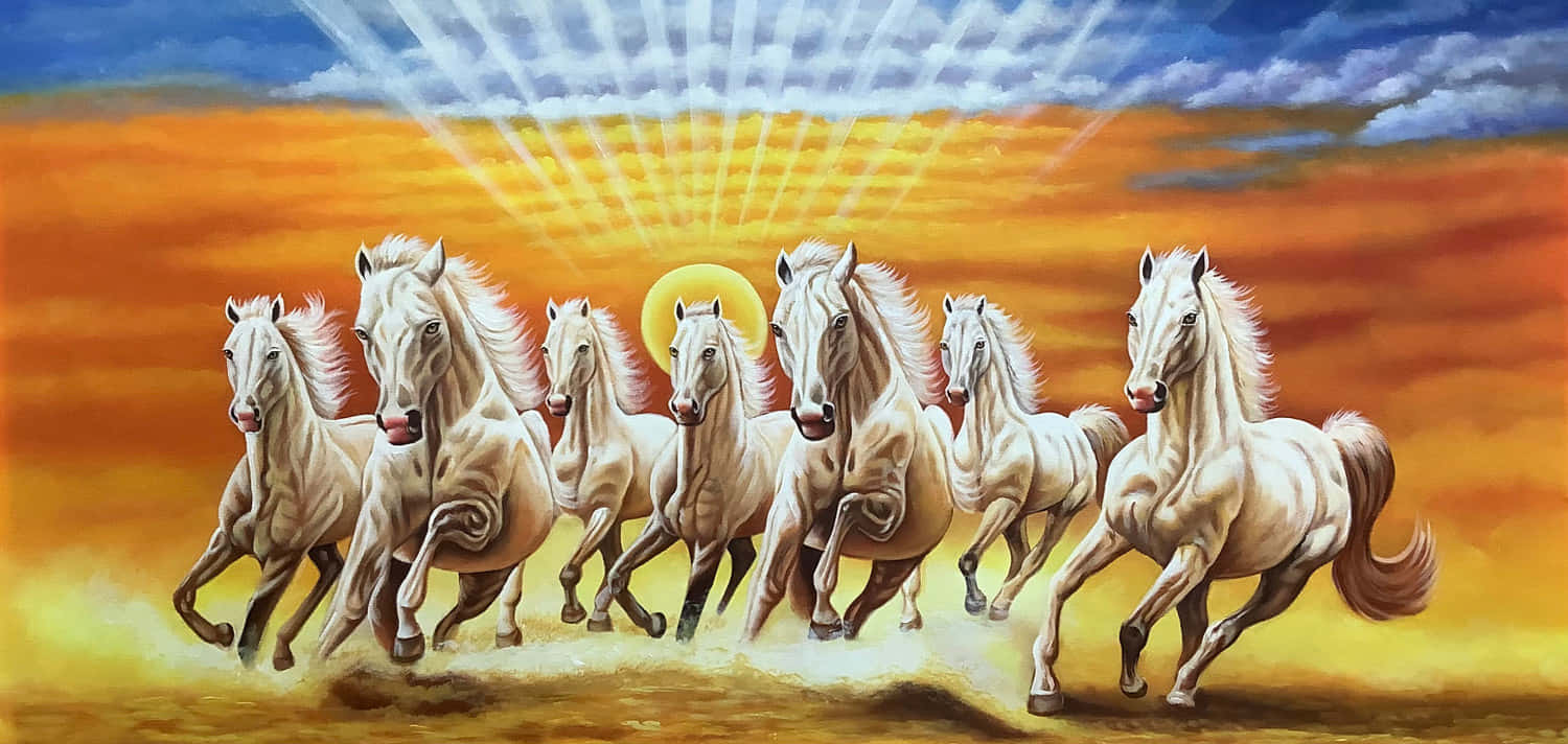  壁紙 — 七匹白馬在燦爛的陽光天空下，強而有力地奔馳過金色沙漠。