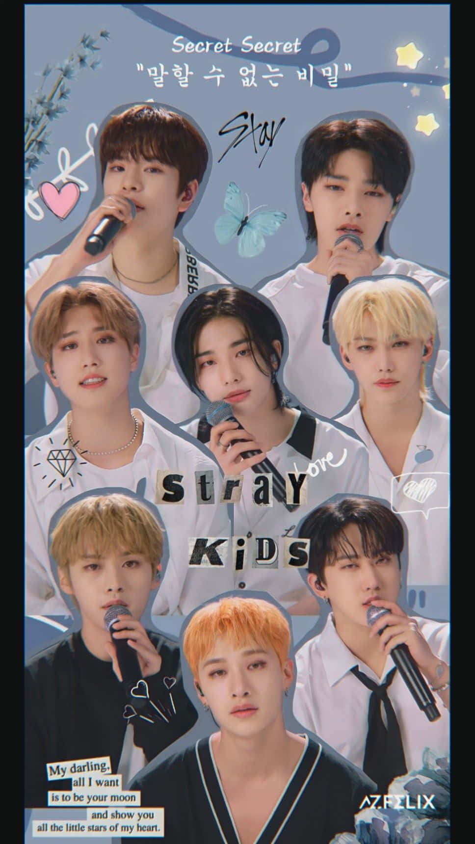 七位K-pop偶像在藍色圖形背景上手持麥克風，背景有心形和蝴蝶。 — Stray kids GIF 壁紙