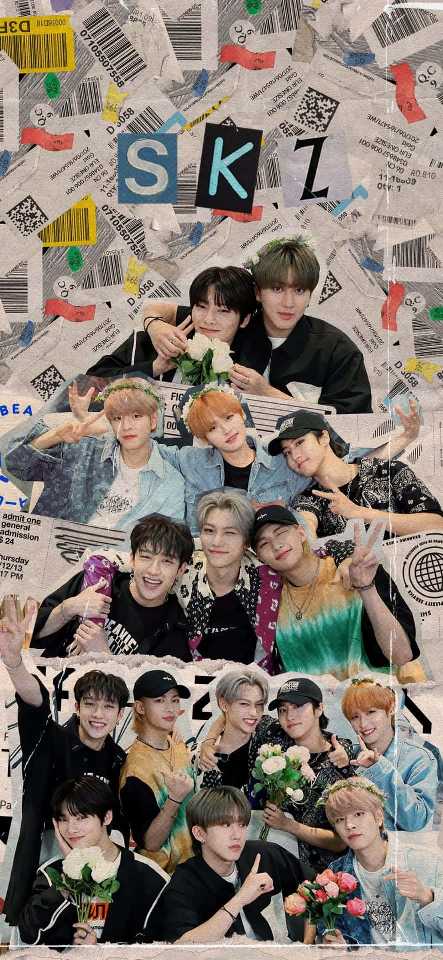 七位微笑的K-pop偶像手持鮮花，在條碼拼貼畫前擺姿勢。 — Stray kids GIF 壁紙