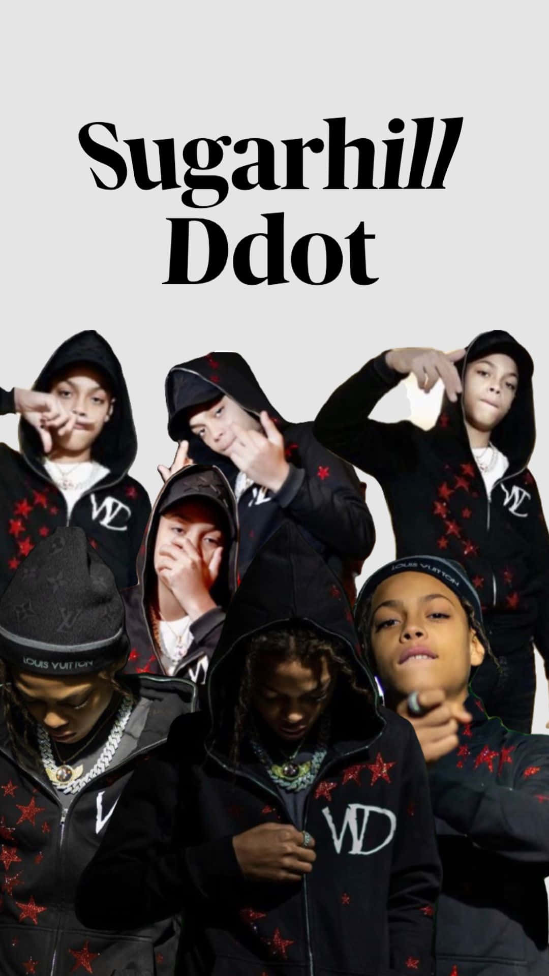  壁紙 — 七個年輕人穿著配有紅色星星的黑色連帽衫，在純灰色背景前自信地擺姿勢。