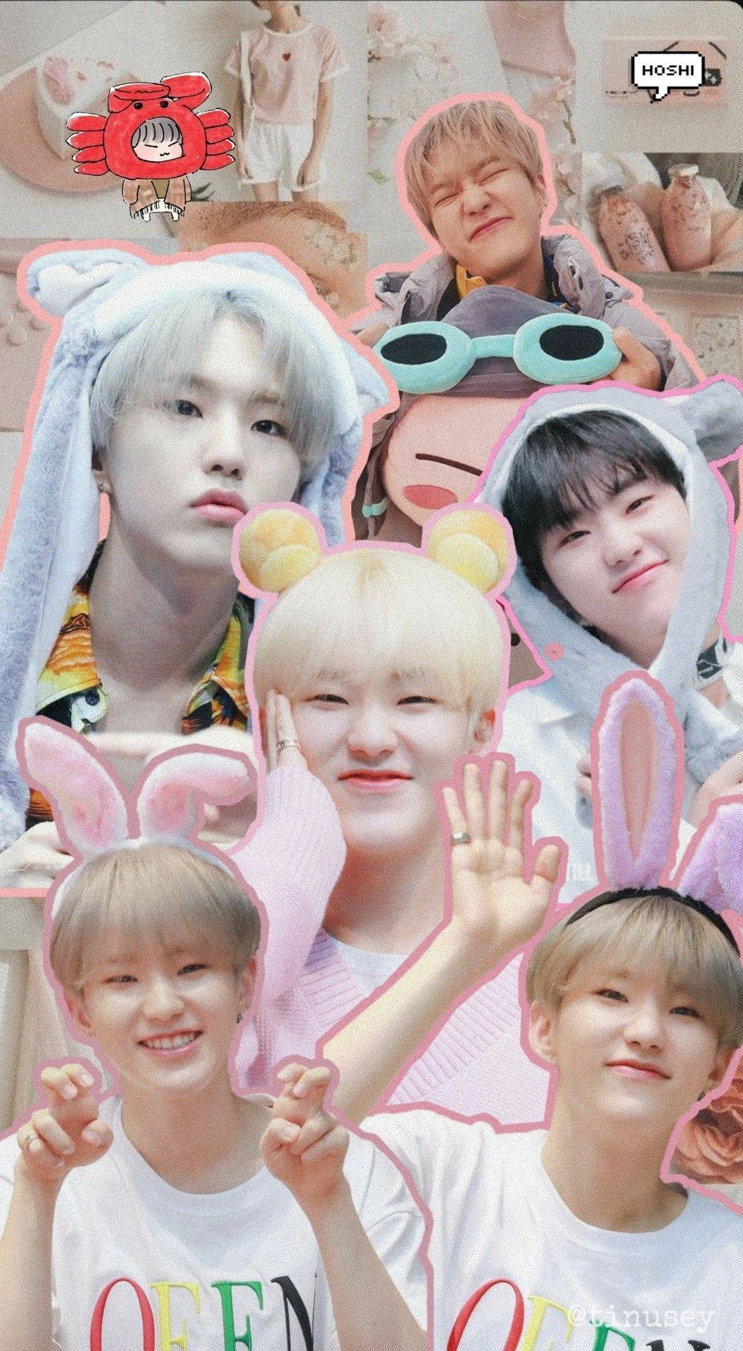 SEVENTEEN Hoshi 可愛造型 壁紙 — 一幅充滿活力的拼貼畫，描繪年輕男性穿著俏皮的兔子主題服裝，搭配粉彩粉紅色點綴和卡通貼紙。