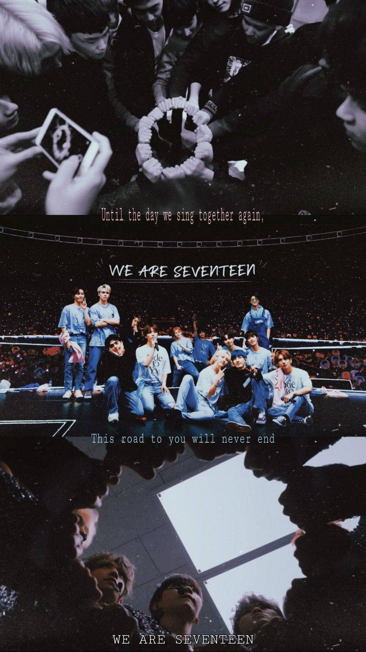 SEVENTEEN《US, Again》歌詞壁紙 壁紙 — K-pop 組合 Seventeen 在黑暗的演唱會環境中，於反射舞台上擺姿勢，周圍是手持應援棒的粉絲。