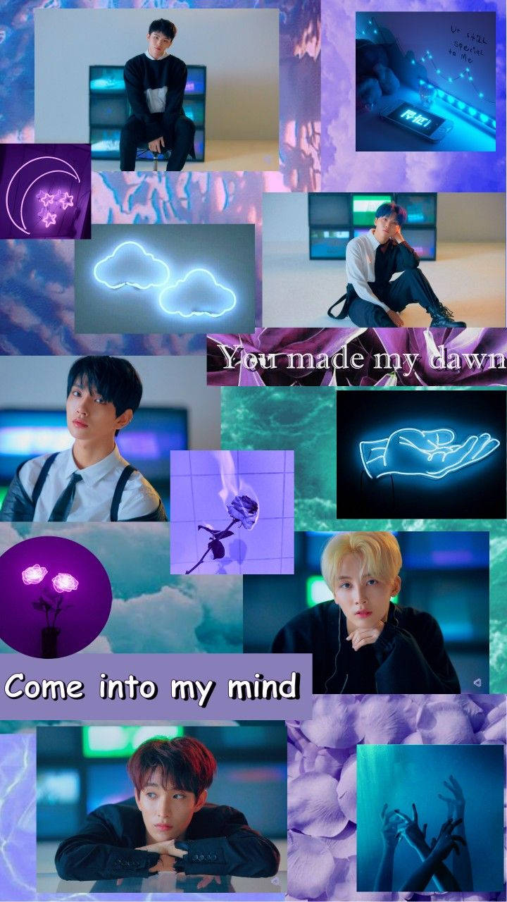 SEVENTEEN 經典聲樂小隊拼貼壁紙 壁紙 — 一個充滿活力的紫色和藍色霓虹拼貼畫，以多種姿勢的年輕男子為特色，帶有發光的雲朵、玫瑰和手，背景為數位背景。