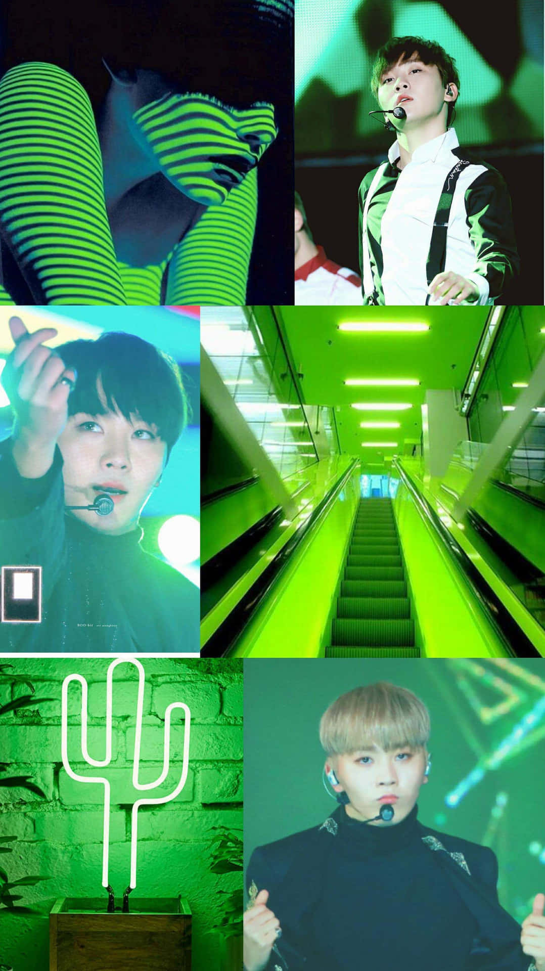 SEVENTEEN 綠色系美學K-pop畫面 壁紙 — 充滿活力的綠色霓虹燈照亮了舞台上的表演者拼貼畫和磚牆上發光的仙人掌。