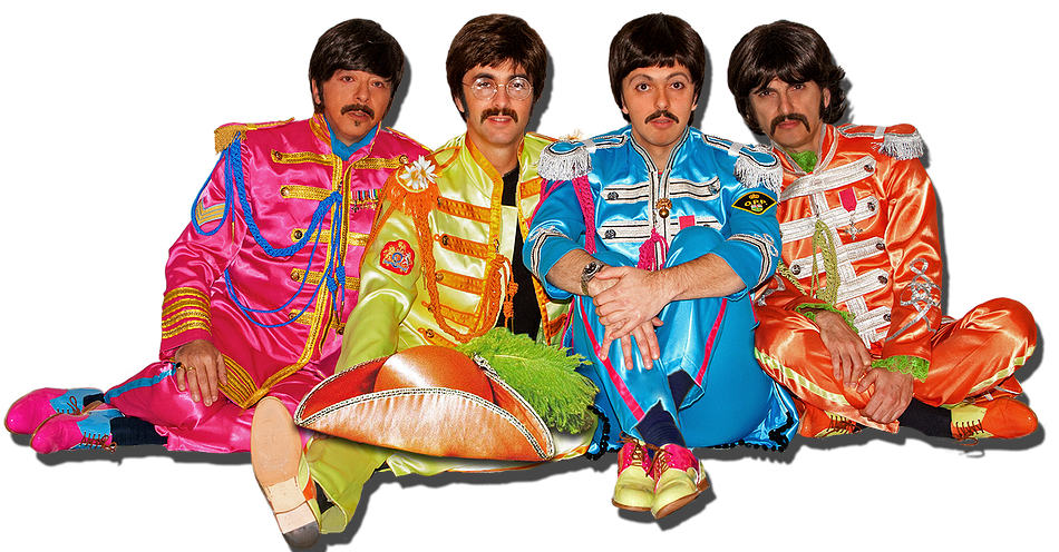 披頭四《Sgt. Pepper》服裝造型 壁紙 — 四個穿著鮮豔緞面太空服的男人在黑色背景前與一個巨型墨西哥卷餅擺姿勢。