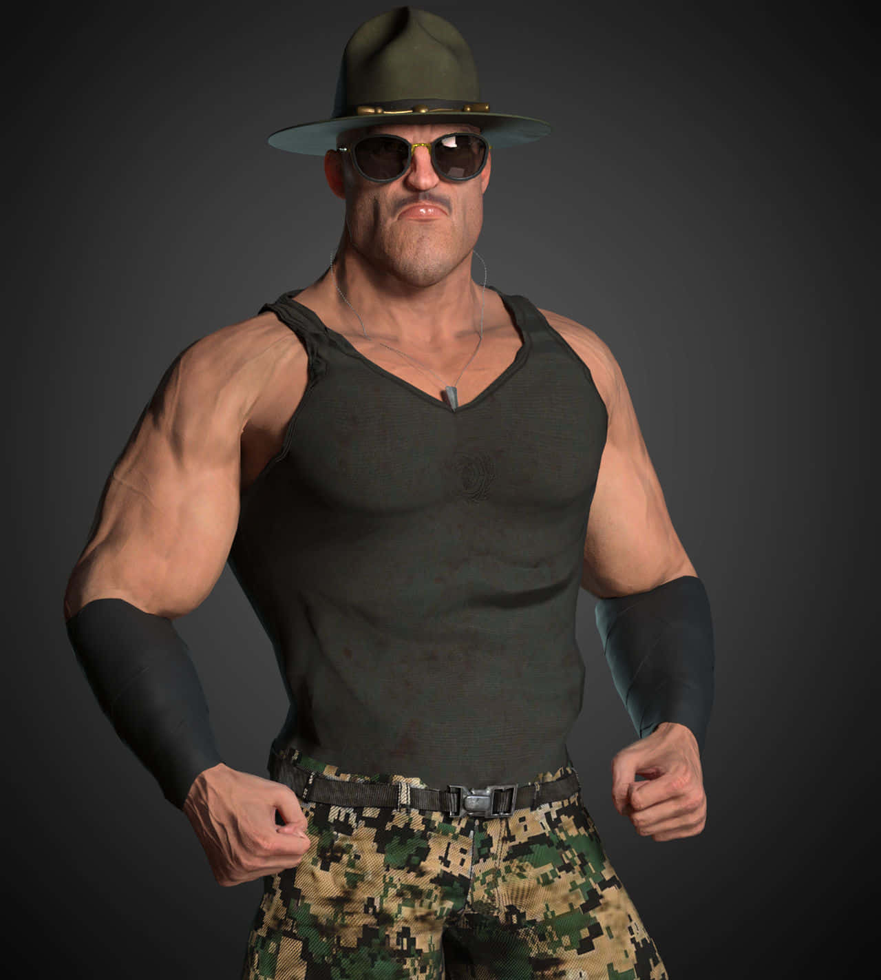 Sgt Slaughter 雄壯體格 壁紙 — 一個肌肉發達的男人穿著迷彩褲和綠色帽子，在深灰色背景下自信地握緊拳頭擺姿勢。