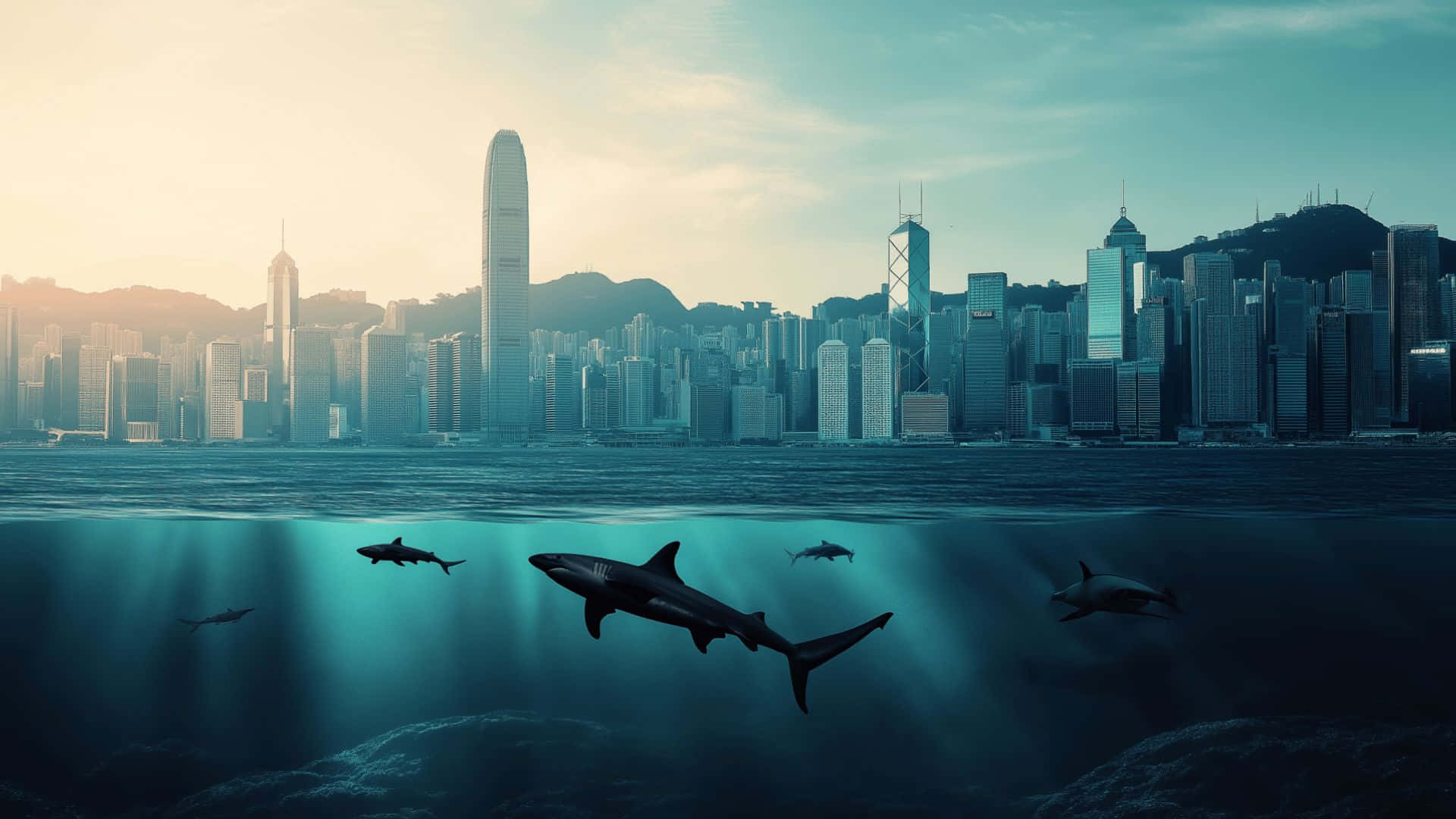  壁紙 — 鯊魚在黎明時分，於高聳的未來城市天際線下，在陽光普照的海洋中滑行。