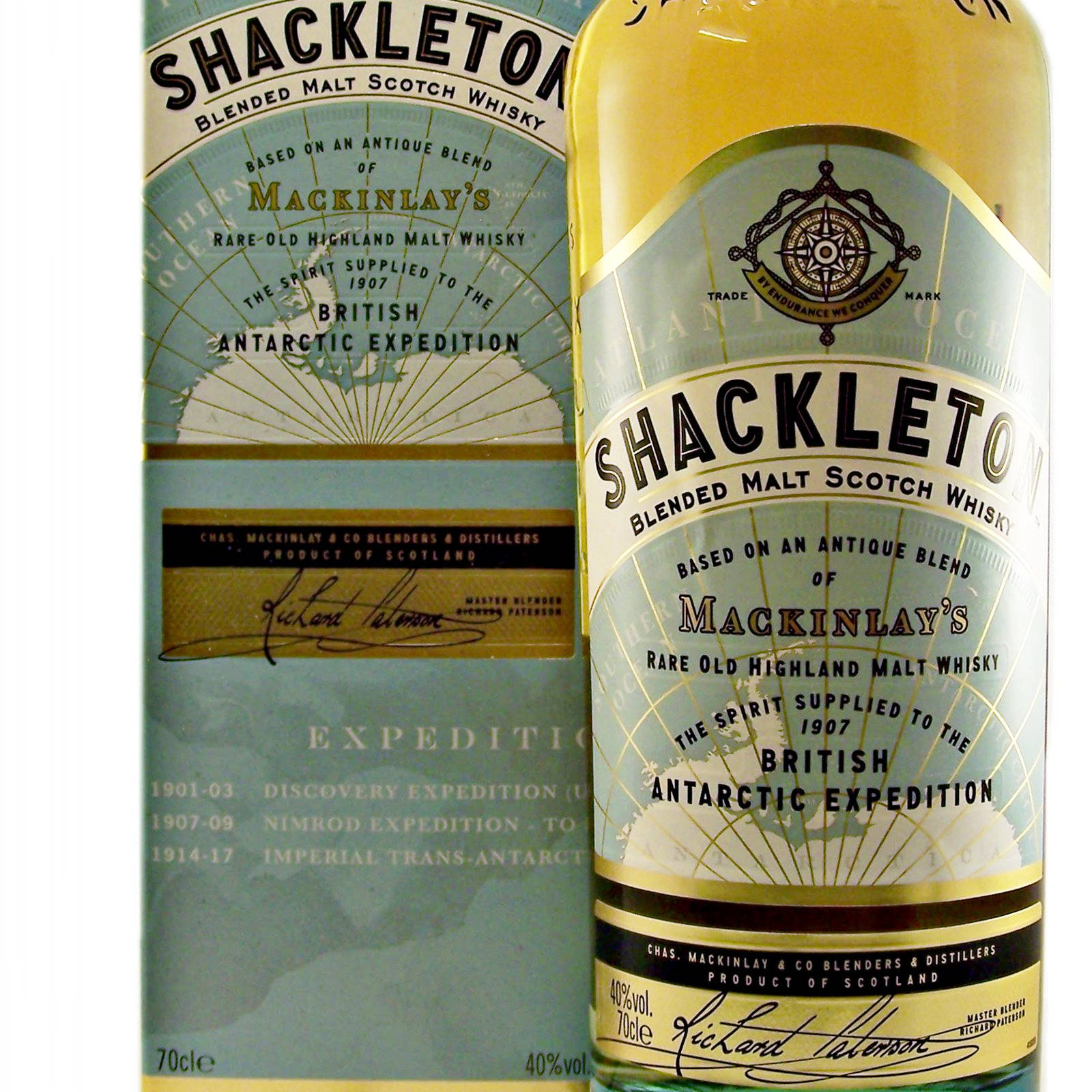 Shackleton 威士忌酒瓶和盒子，以南極探險為主題。