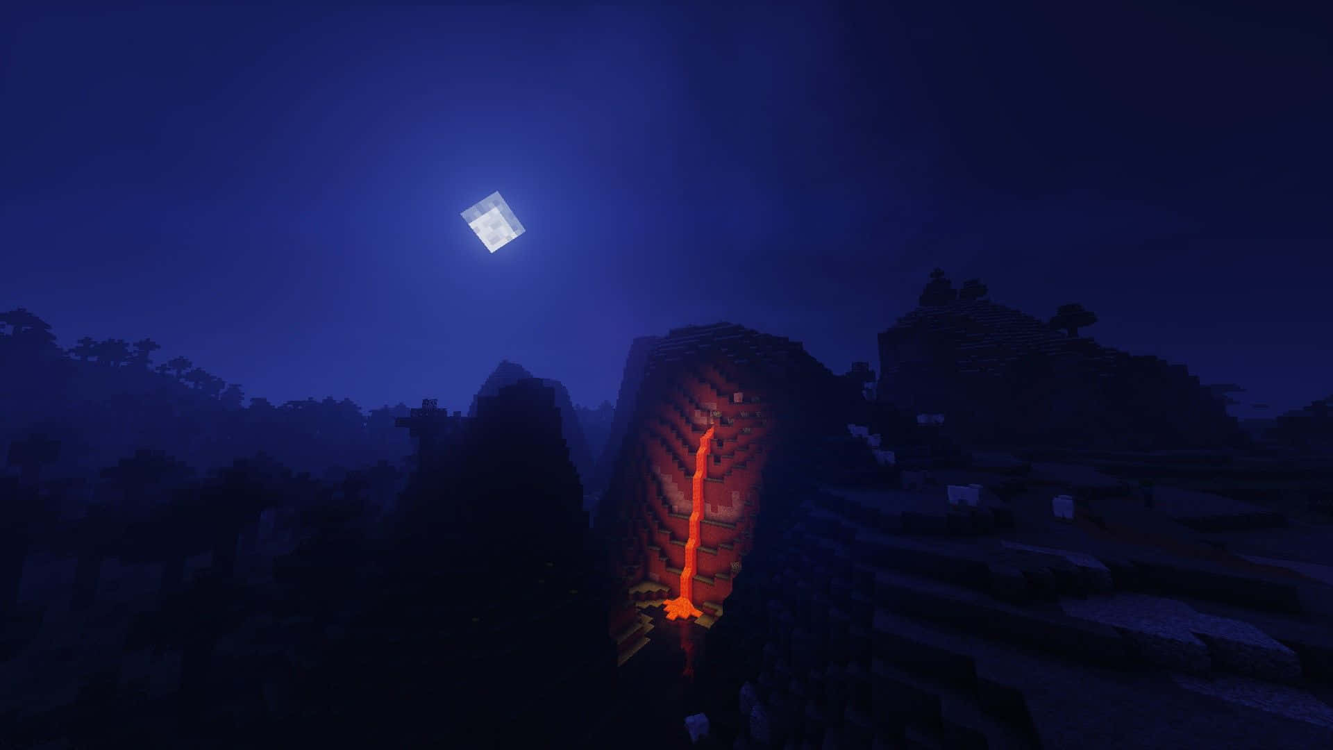 用Shaders探索全新的Minecraft世界 壁紙 — 在黑暗的 Minecraft 夜晚場景中，發光的熔岩流從方塊狀的懸崖上傾瀉而下，上方是一輪方形月亮。