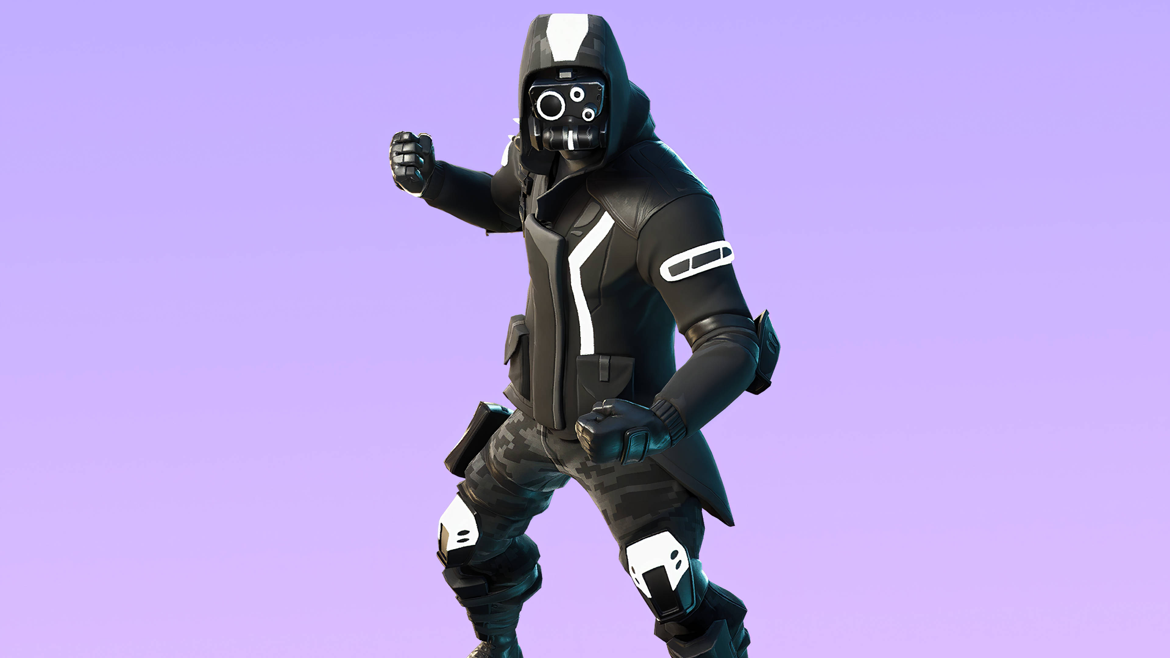 Shadow Archetype Fortnite 服裝 壁紙 — 一個穿著黑白戰術裝備的 Fortnite 角色在柔和的紫色漸變背景前擺出動態姿勢。