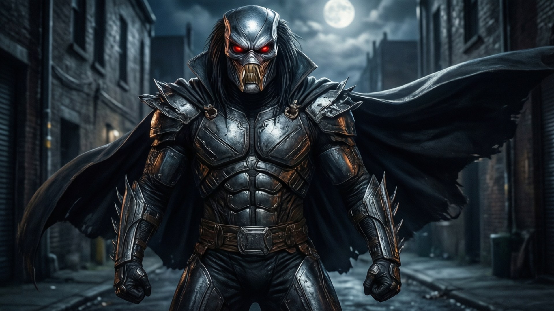 Shadow of the Shredder 壁紙 — 一個身穿盔甲、帶有發光紅眼和黑色斗篷的威脅戰士，站在月光下的城市小巷中。