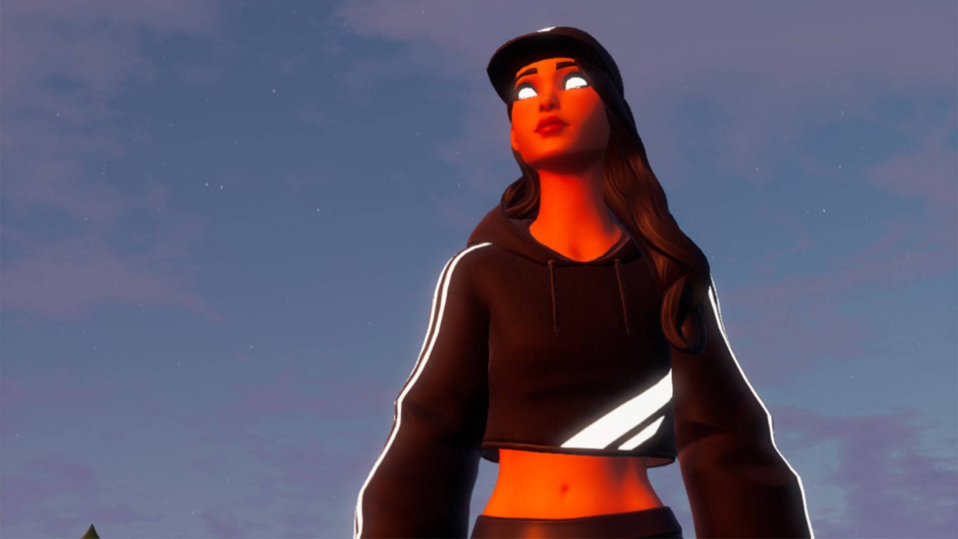 Shadow Ruby《Fortnite》暮色背景 壁紙 — 一個風格化的女性角色，身穿黑色連帽衫和帽子，站在暮色天空下，眼睛發光，帶有溫暖的橙色燈光。