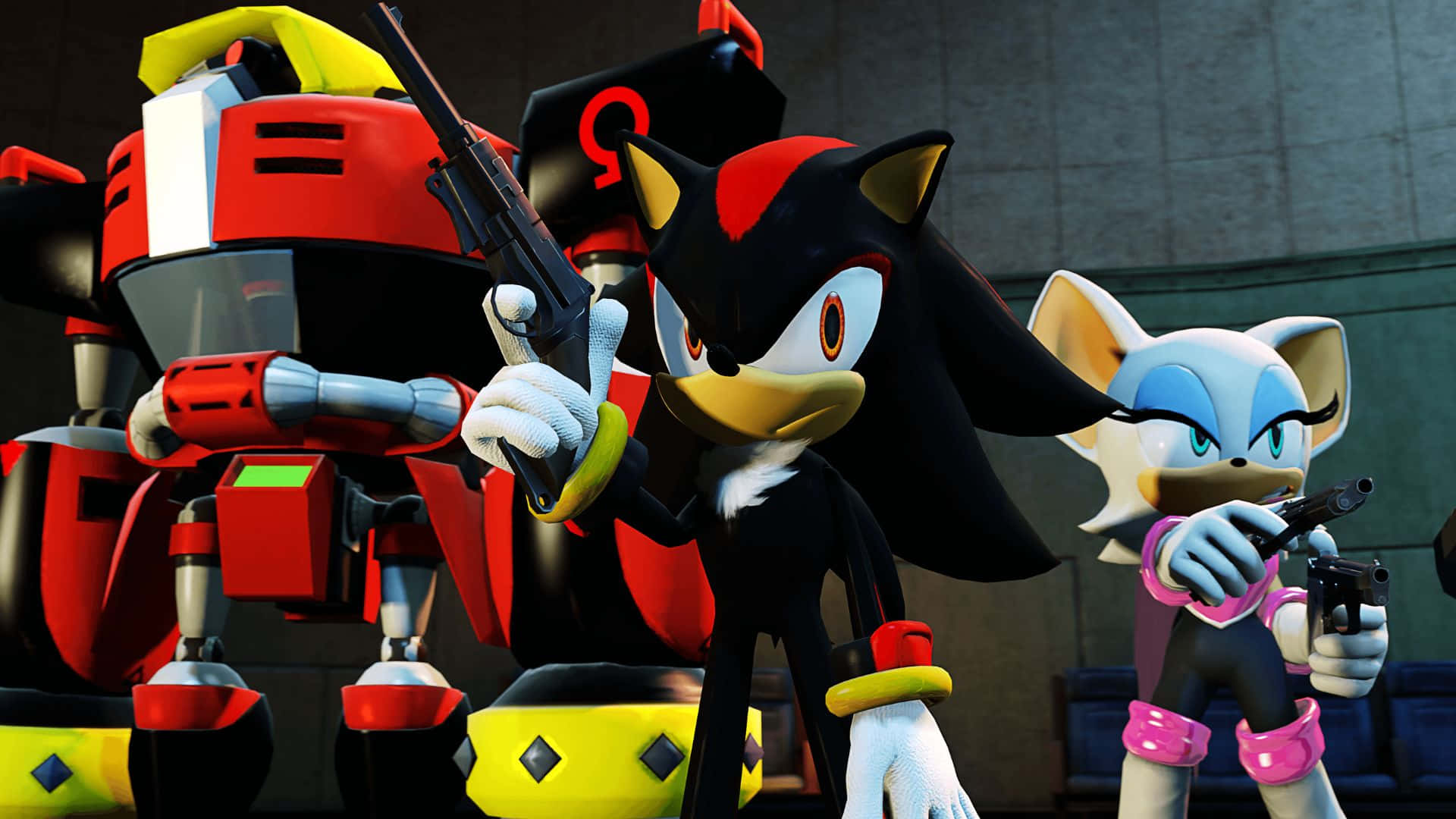 Rouge The Bat 桌布 壁紙 — Shadow the Hedgehog 和 Rouge the Bat 在一個粗糙的工業環境中，在一個紅色機械人旁邊瞄準手槍。