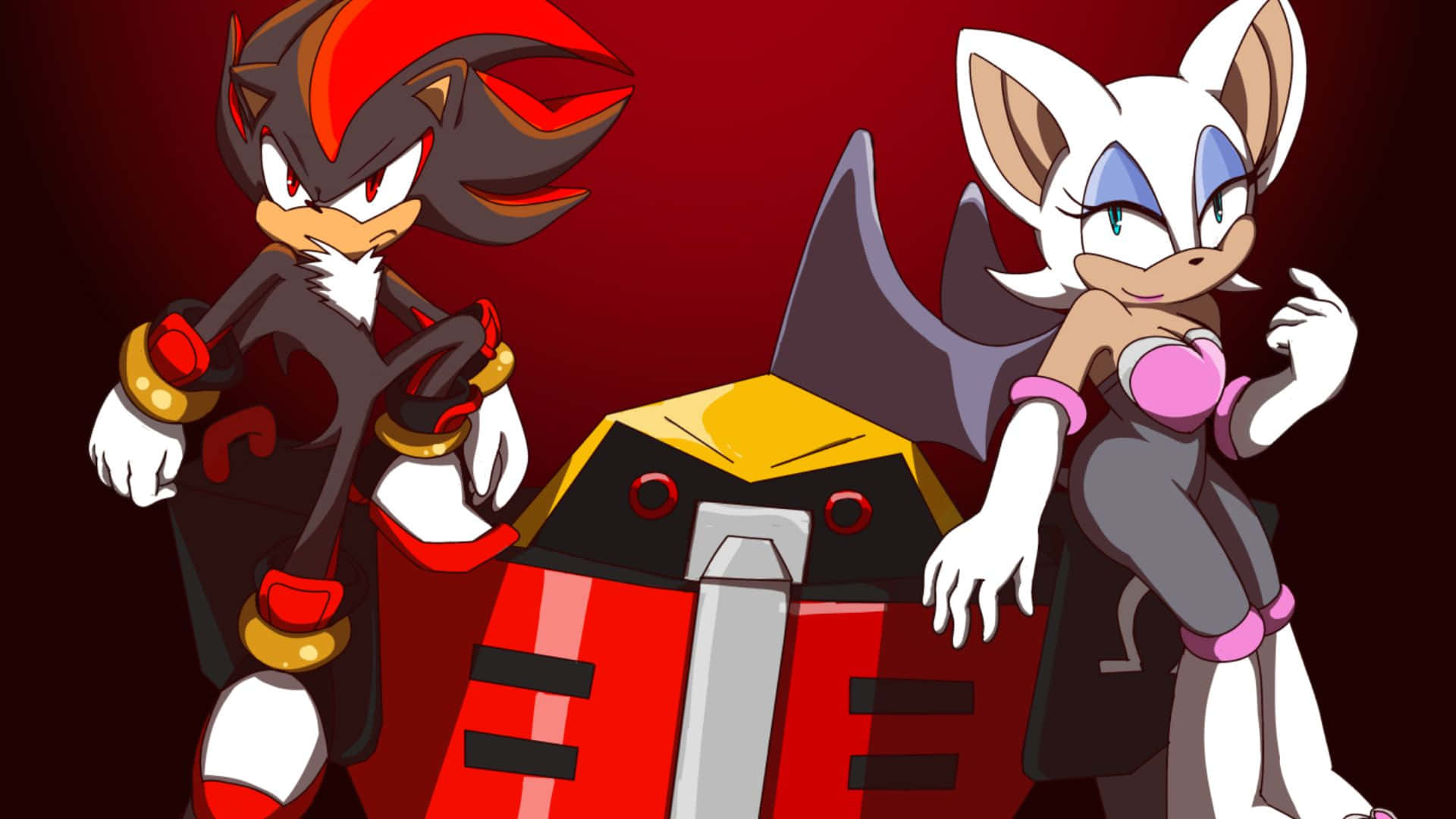 Rouge The Bat 桌布 壁紙 — Shadow the Hedgehog 和 Rouge the Bat 自信地站在一個紅色和金色的機械人旁邊，背景是深紅色。