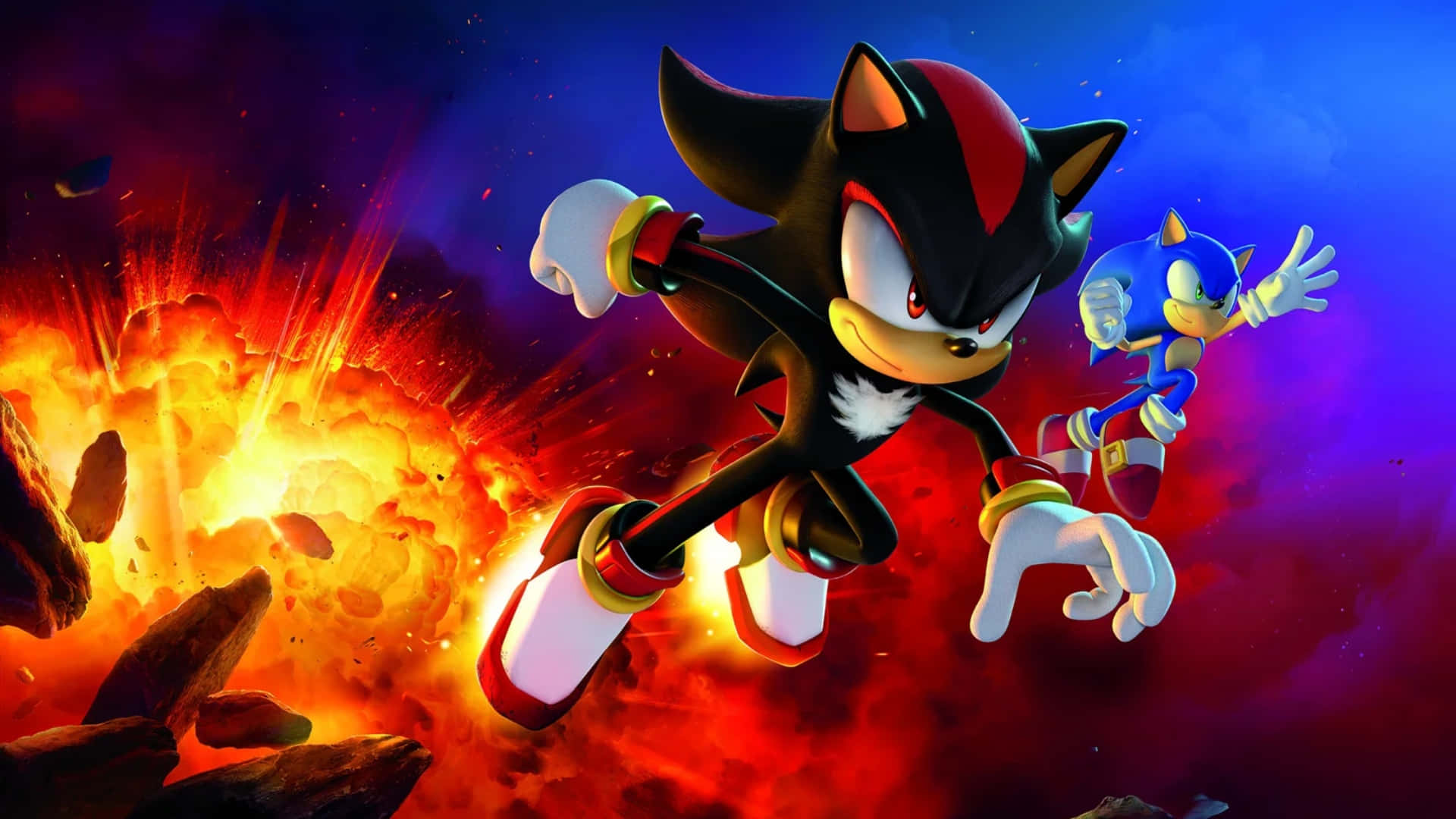  壁紙 — Shadow the Hedgehog 和 Sonic the Hedgehog 在充滿活力的紅色和藍色色調的火焰爆炸中疾馳。