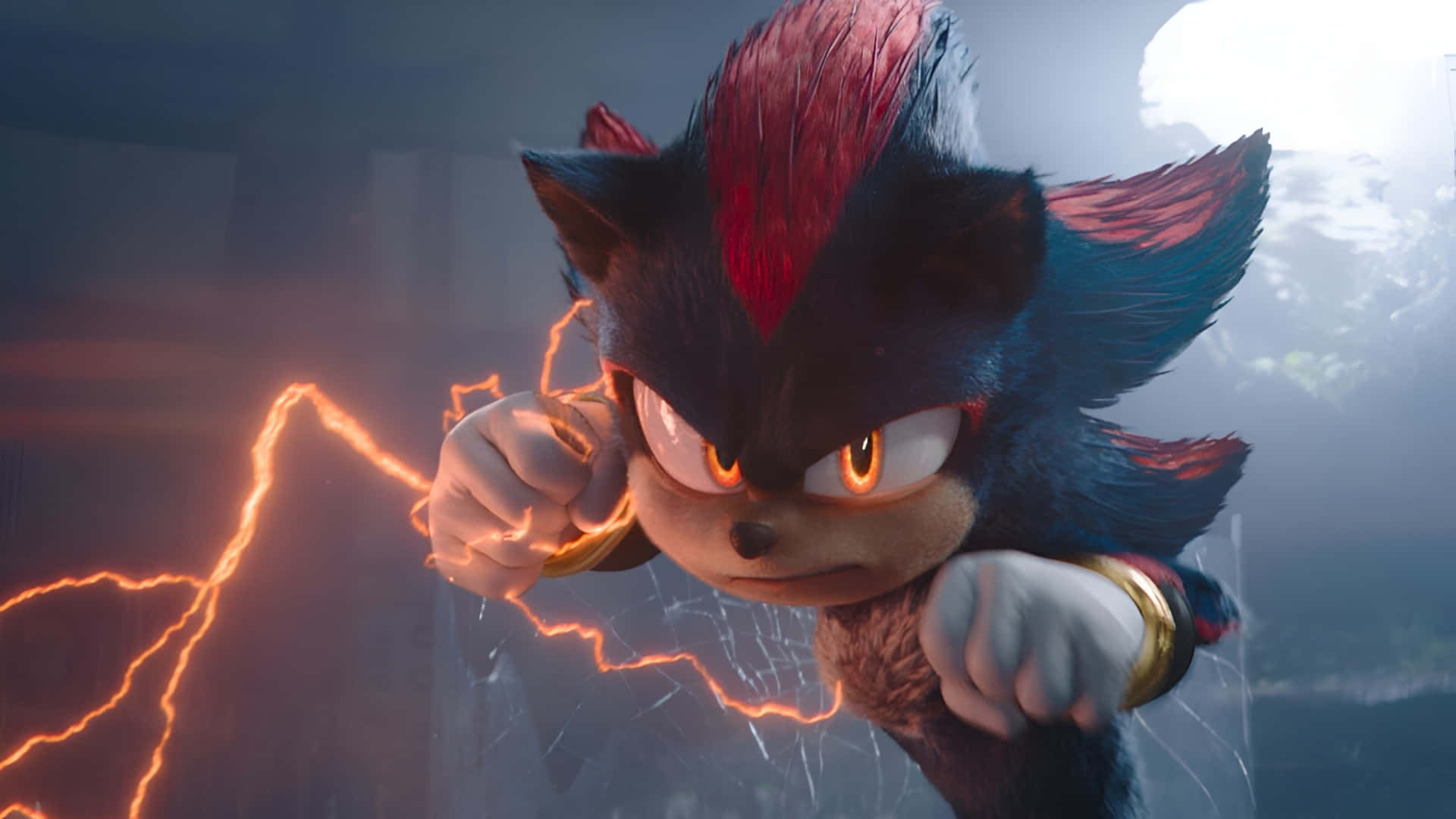  壁紙 — Shadow the Hedgehog 向前衝刺，拳頭周圍閃爍著發光的橙色閃電，場景陰暗而充滿氣氛。