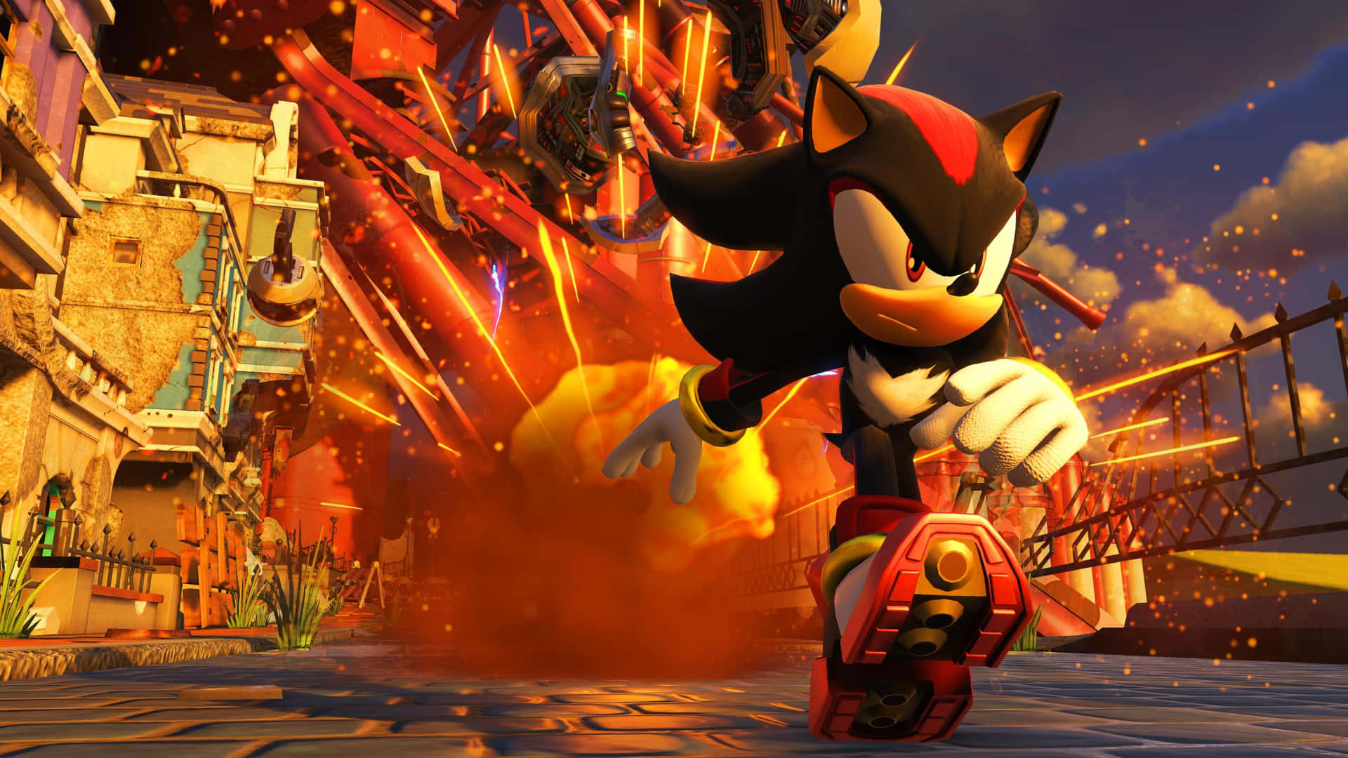 Sonic Adventure HD 桌布 壁紙 — Shadow the Hedgehog 喺一個燃燒嘅城市峽谷中疾馳，身後帶住爆炸同發光嘅碎片。