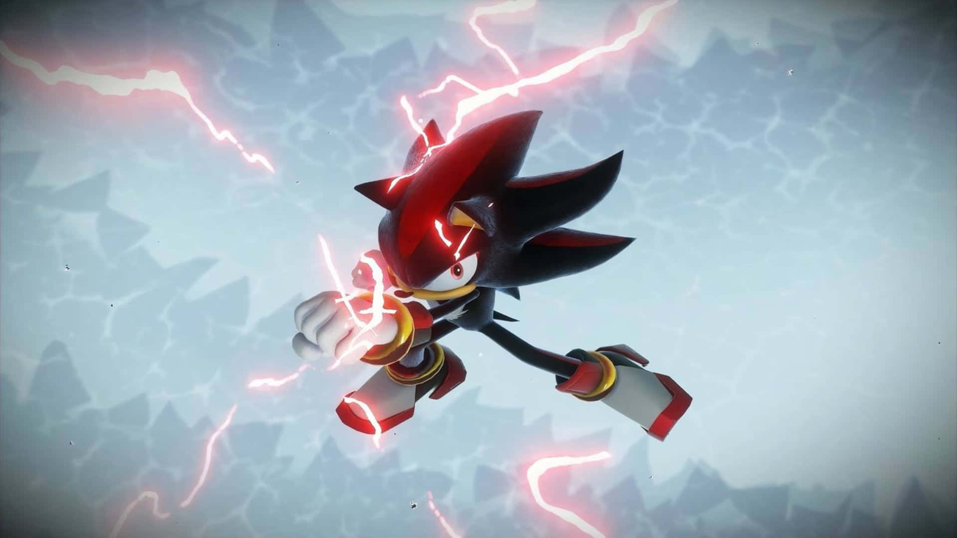  壁紙 — Shadow the Hedgehog 衝過一個碎裂的冰封景觀，伴隨著紅色閃電的噼啪聲。