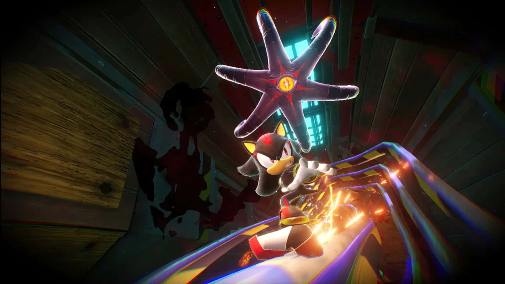  壁紙 — Shadow the Hedgehog 喺霓虹燈隧道入面高速追逐，手持發光星形武器。