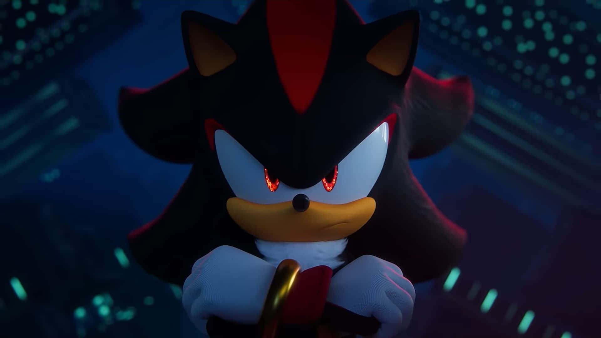  壁紙 — Shadow the Hedgehog 站在一個黑暗的未來城市中，發光的霓虹燈光反射在他強烈的紅色眼睛中。