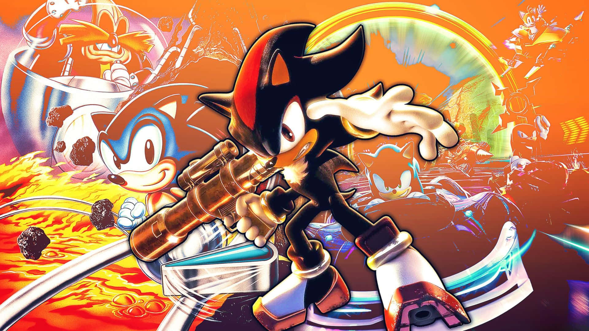  壁紙 — Shadow the Hedgehog 與Sonic及其他角色在熾熱的橙色和藍色宇宙景觀中動態奔馳，呈現高能量動作場景。