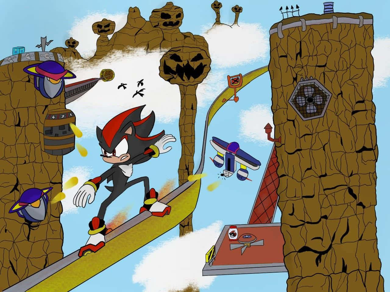  壁紙 — Shadow the Hedgehog 在黃色賽道上奔馳，穿過萬聖節主題的峽谷，有南瓜燈岩石和飛行敵人。