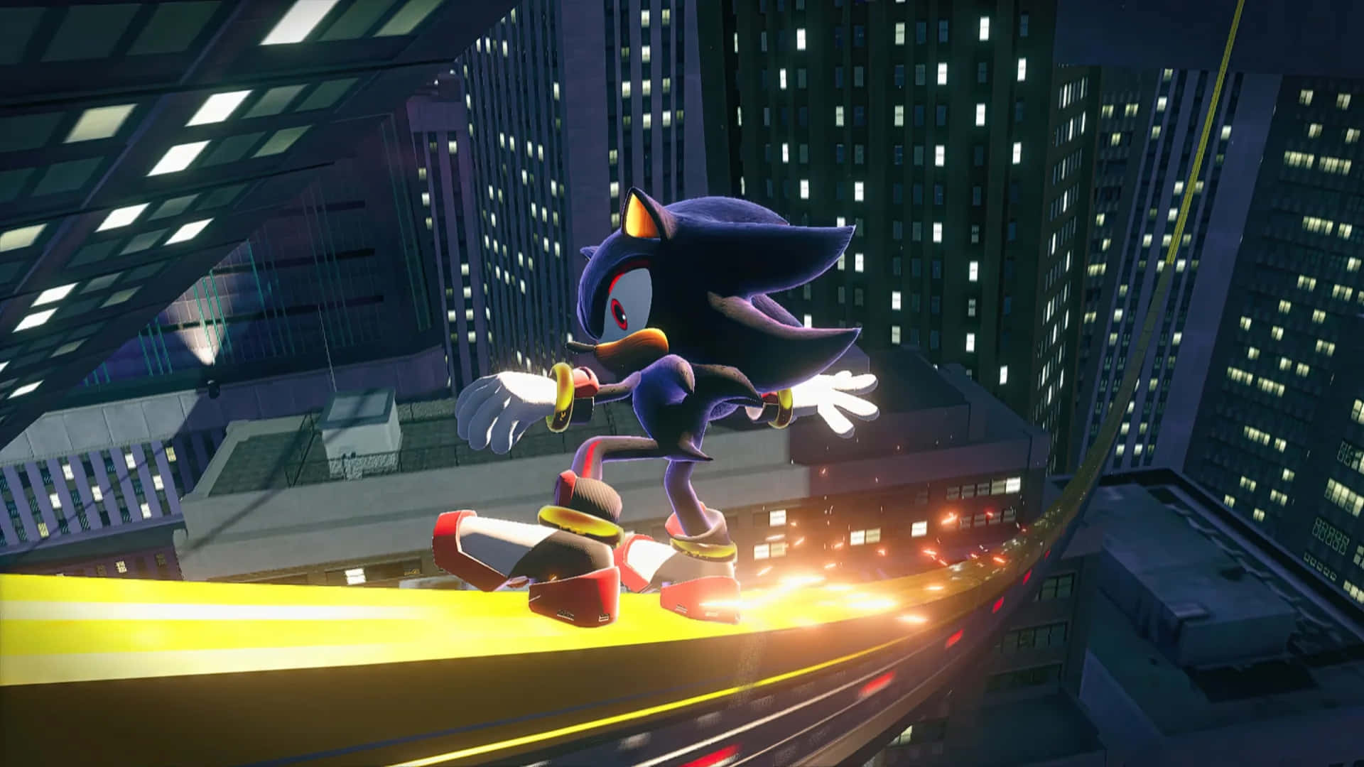  壁紙 — Shadow the Hedgehog 在夜晚以高速穿過霓虹燈照亮嘅城市景觀，身後留下一條發光嘅痕跡。