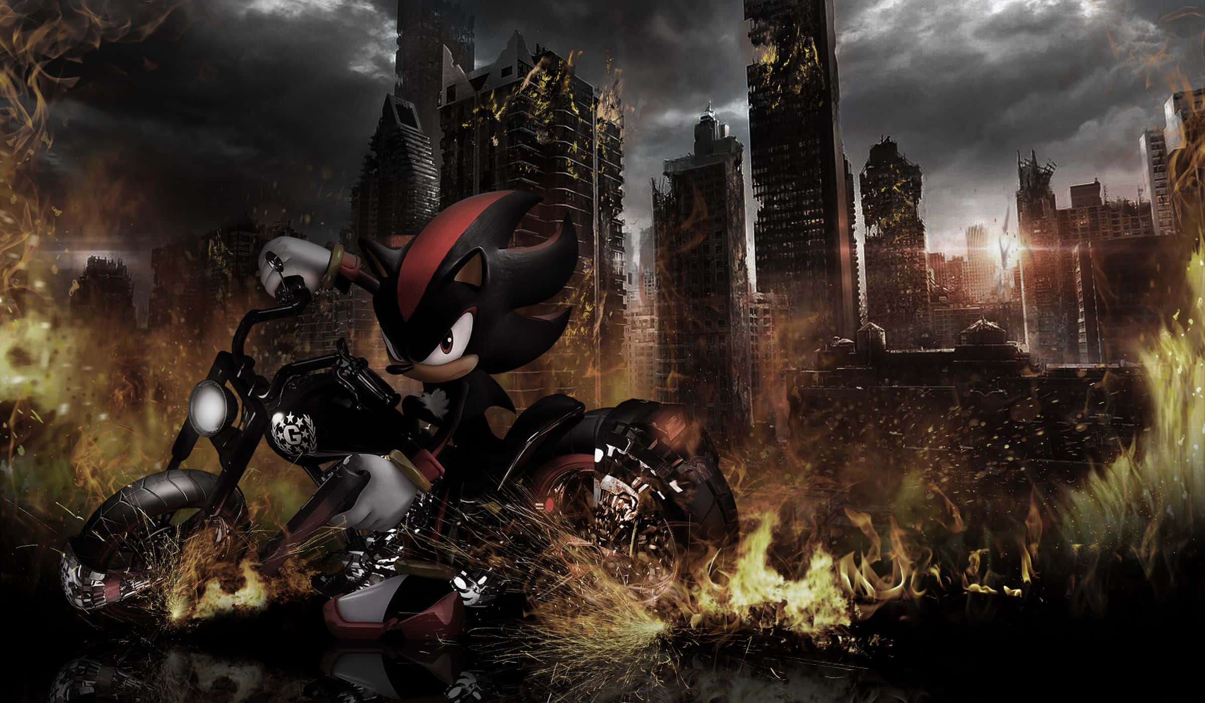 Sonic City Escape 桌布 壁紙 — Shadow the Hedgehog 騎著一輛燃燒的電單車，在風暴天空下穿越燃燒的城市景觀。