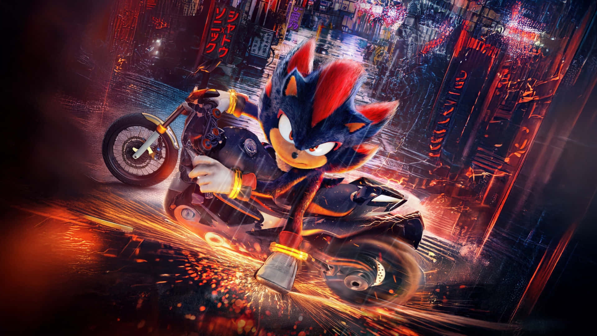  壁紙 — Shadow the Hedgehog 在夜晚騎著電單車穿過一條被霓虹燈浸透、下雨的 cyberpunk 城市街道。