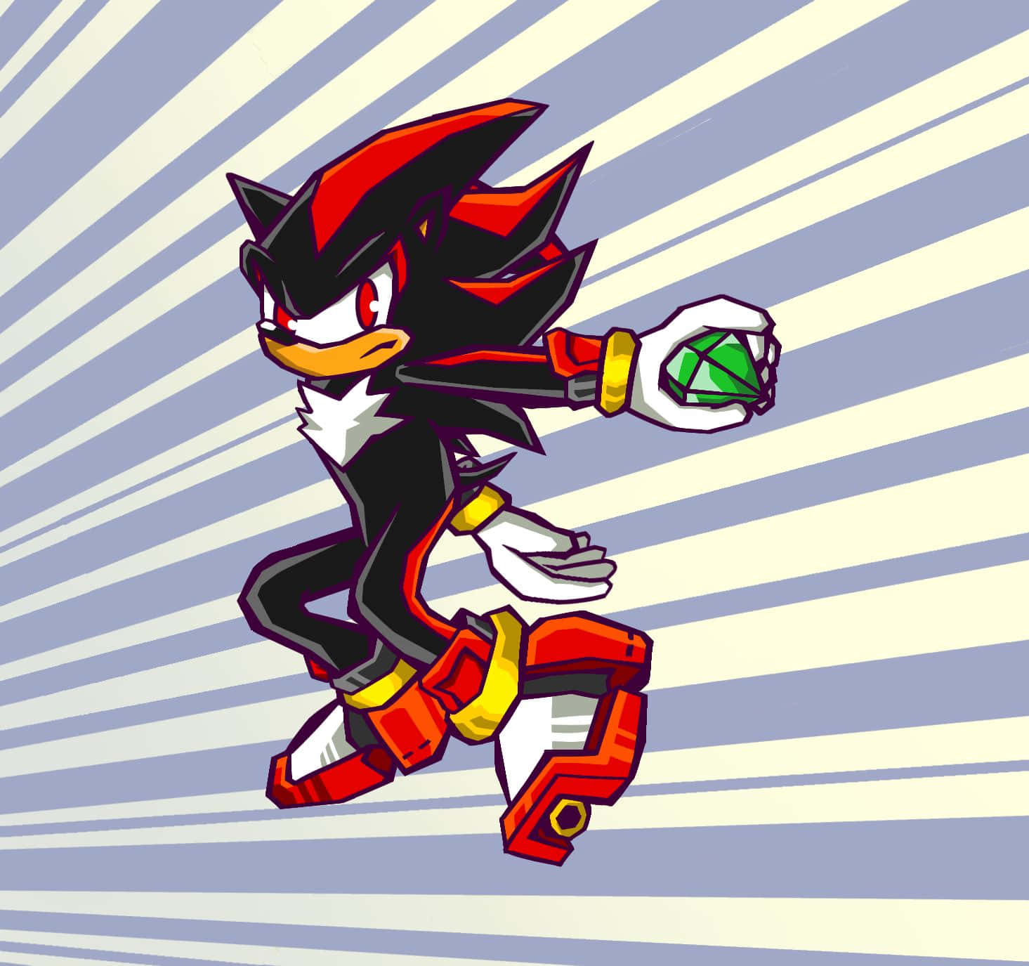  壁紙 — Shadow the Hedgehog 動態奔跑，背景為藍色和奶油色條紋，手持綠色寶石。