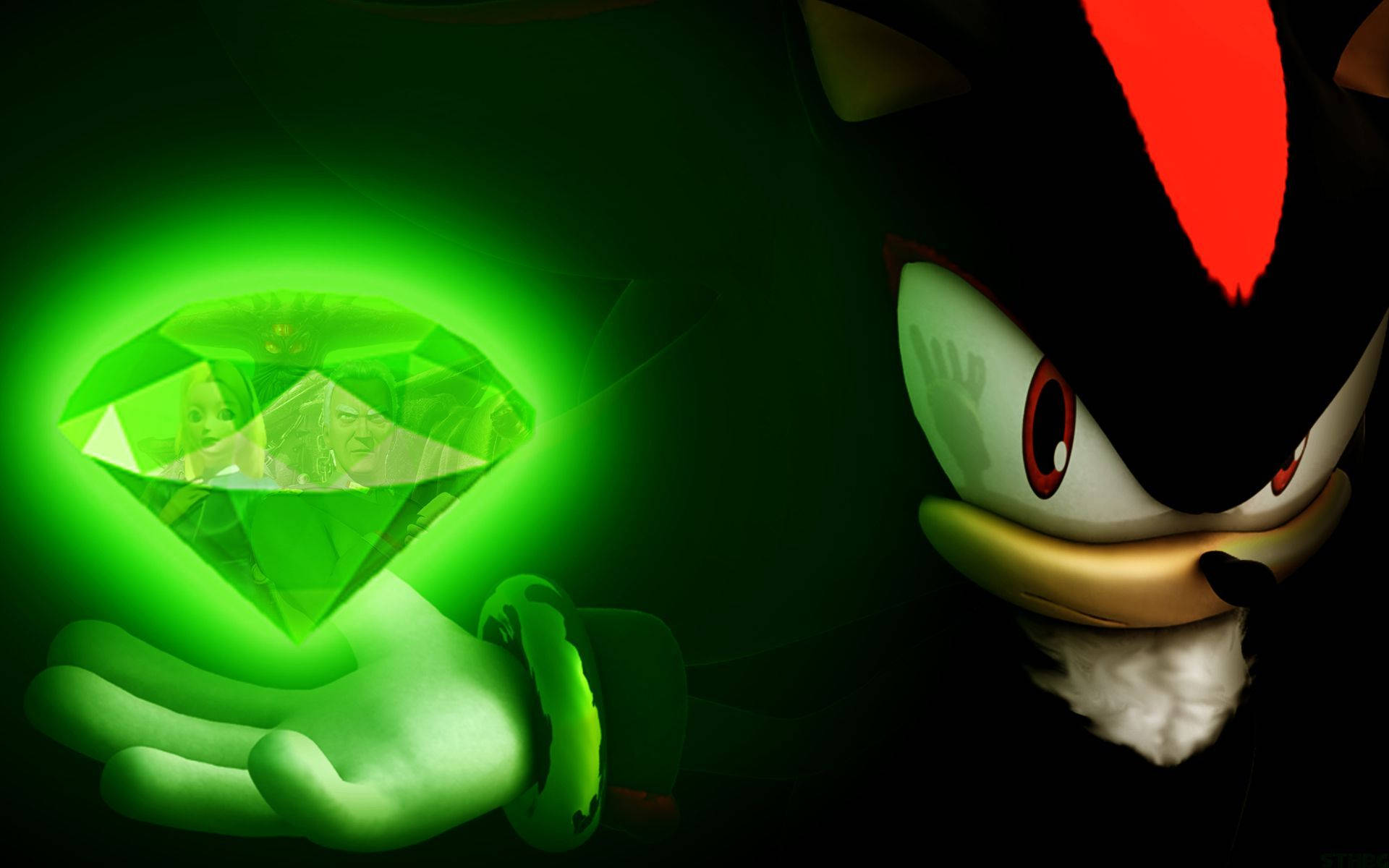 Shadow The Hedgehog 桌布 壁紙 — Shadow the Hedgehog 手持一顆發光的綠色鑽石，在黑暗背景中顯露出被困在裡面的身影。