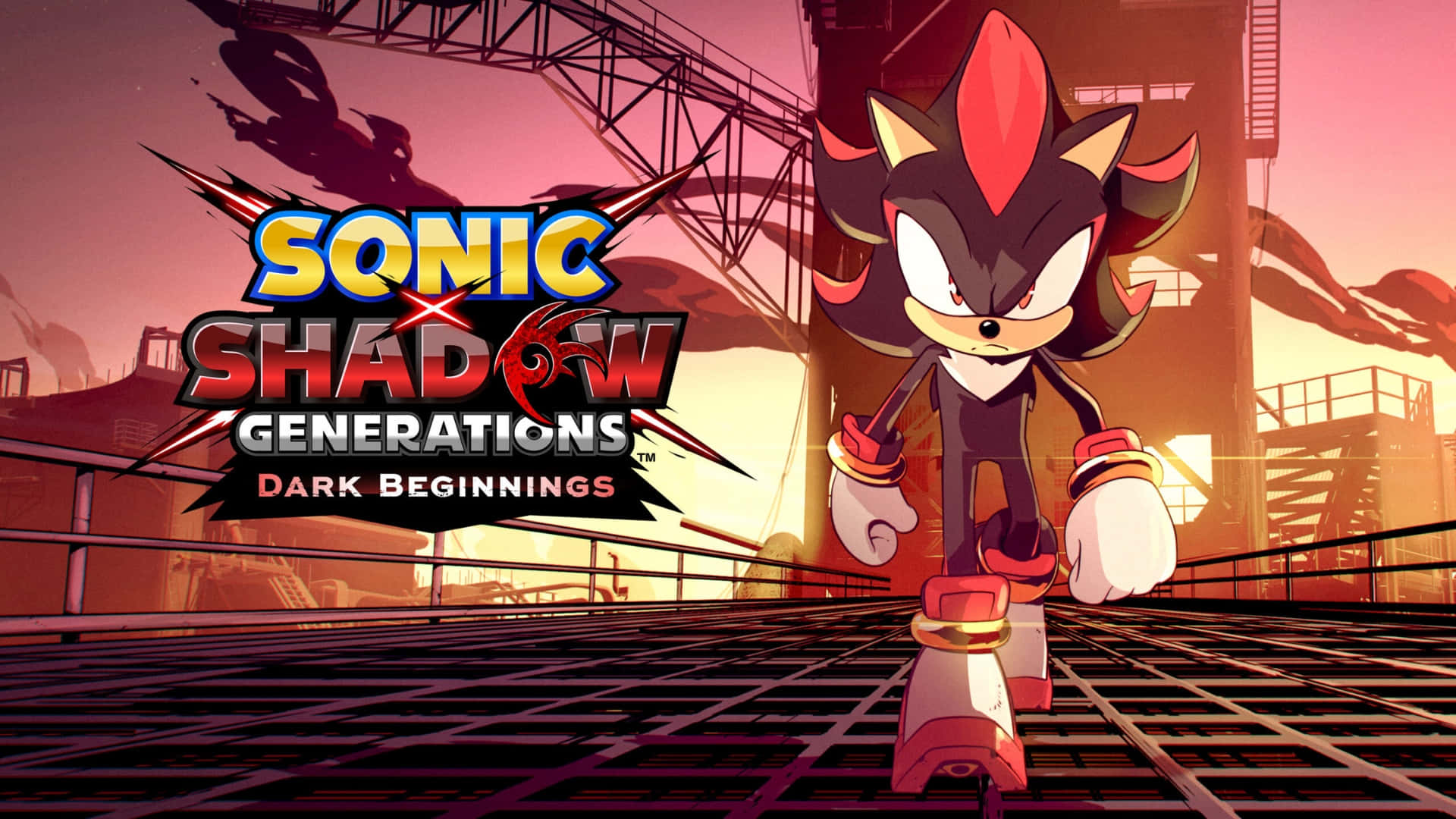  壁紙 — Shadow the Hedgehog 自信地站在金屬平台上，背景是熾熱的夕陽工業場景。
