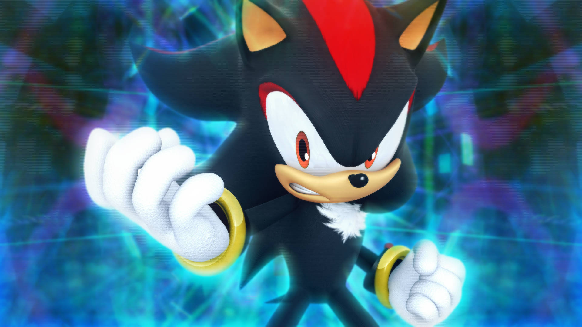 Shadow The Hedgehog 桌布 壁紙 — Shadow the Hedgehog 以動感姿態站立在發光的藍色和紫色能量背景前。