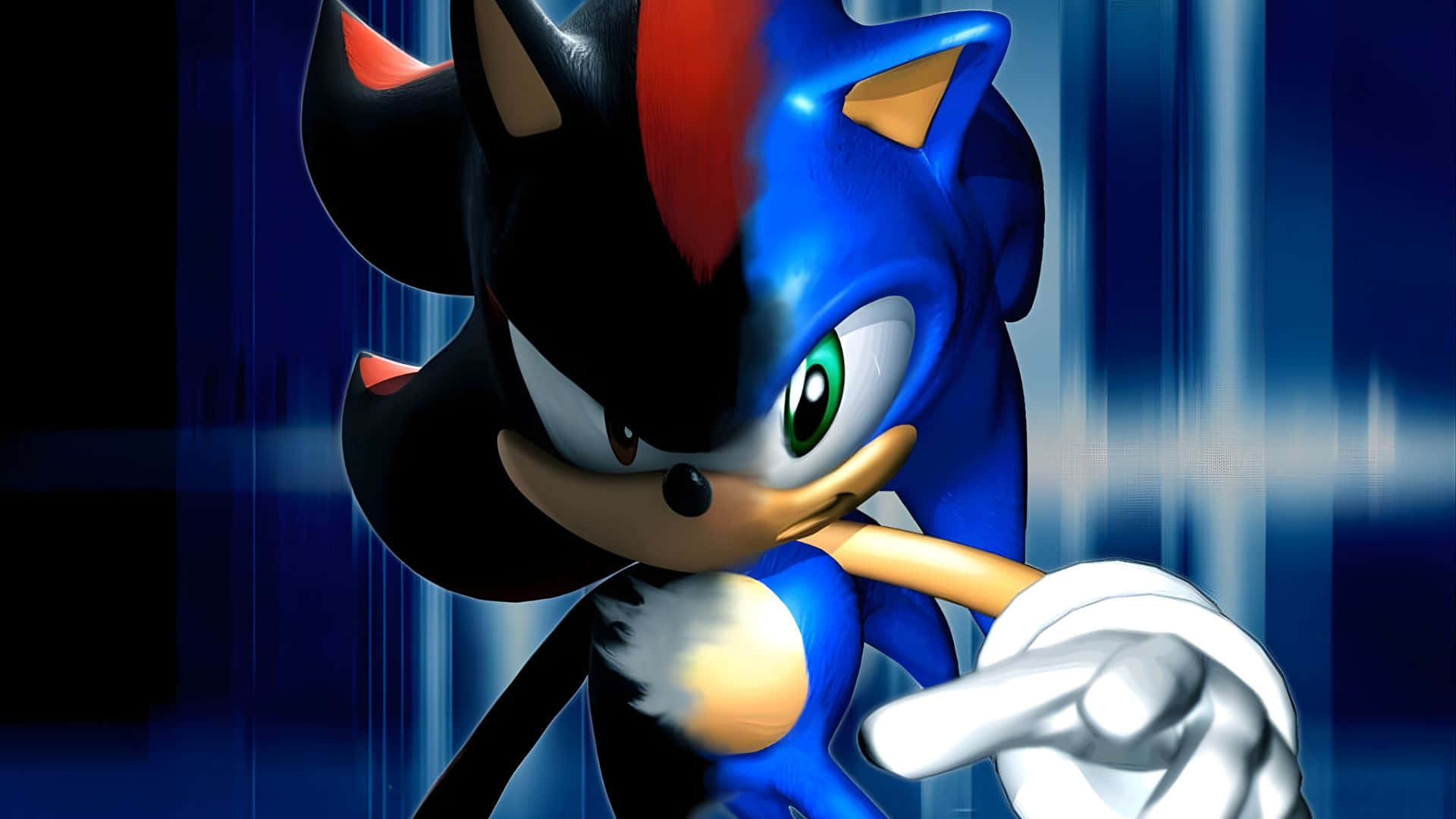  壁紙 — Shadow the Hedgehog 以嚴肅的表情向前指，背景是動態的藍色動態模糊效果。