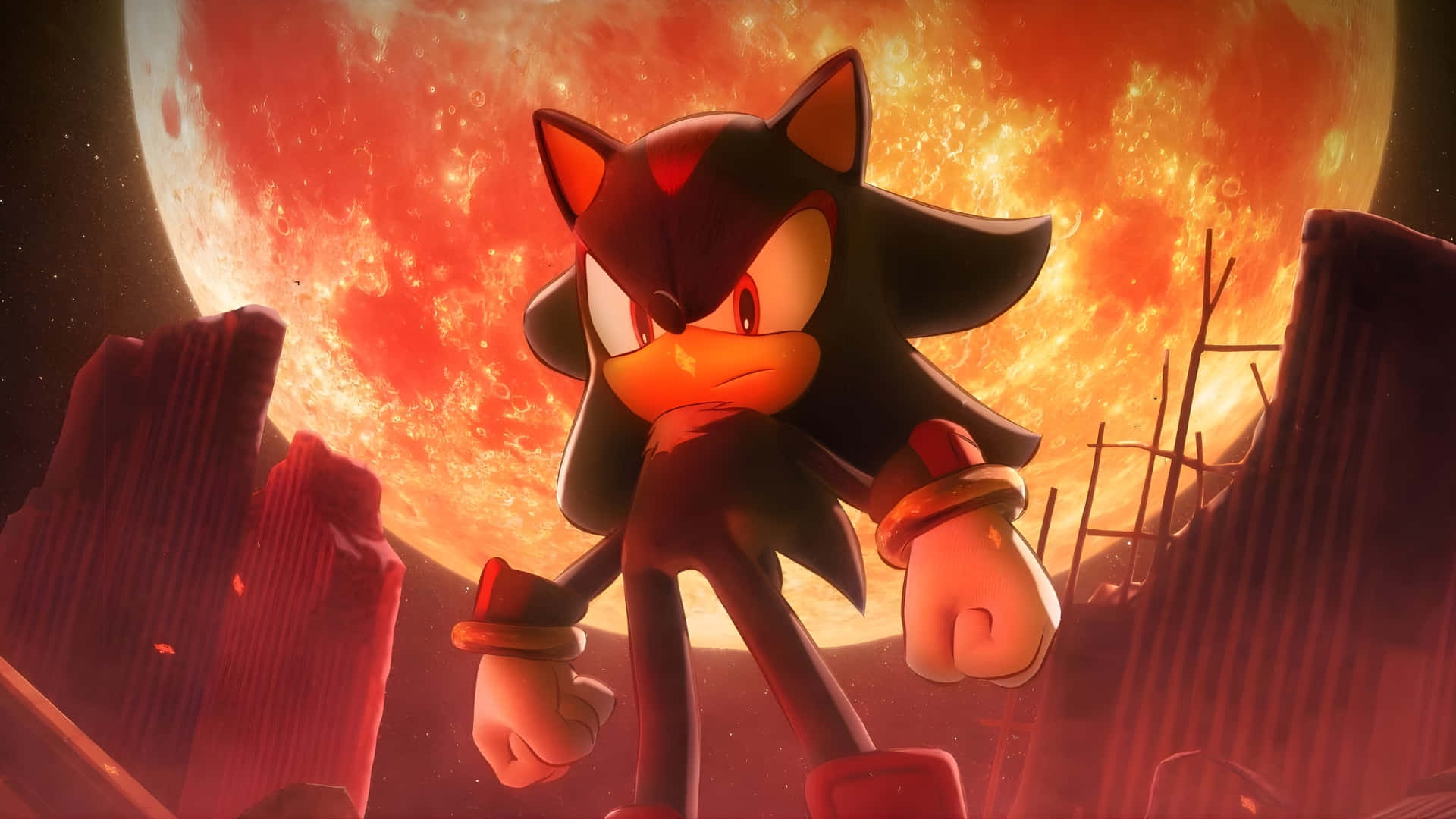  壁紙 — Shadow the Hedgehog 在廢墟城市中對抗火紅的月亮。