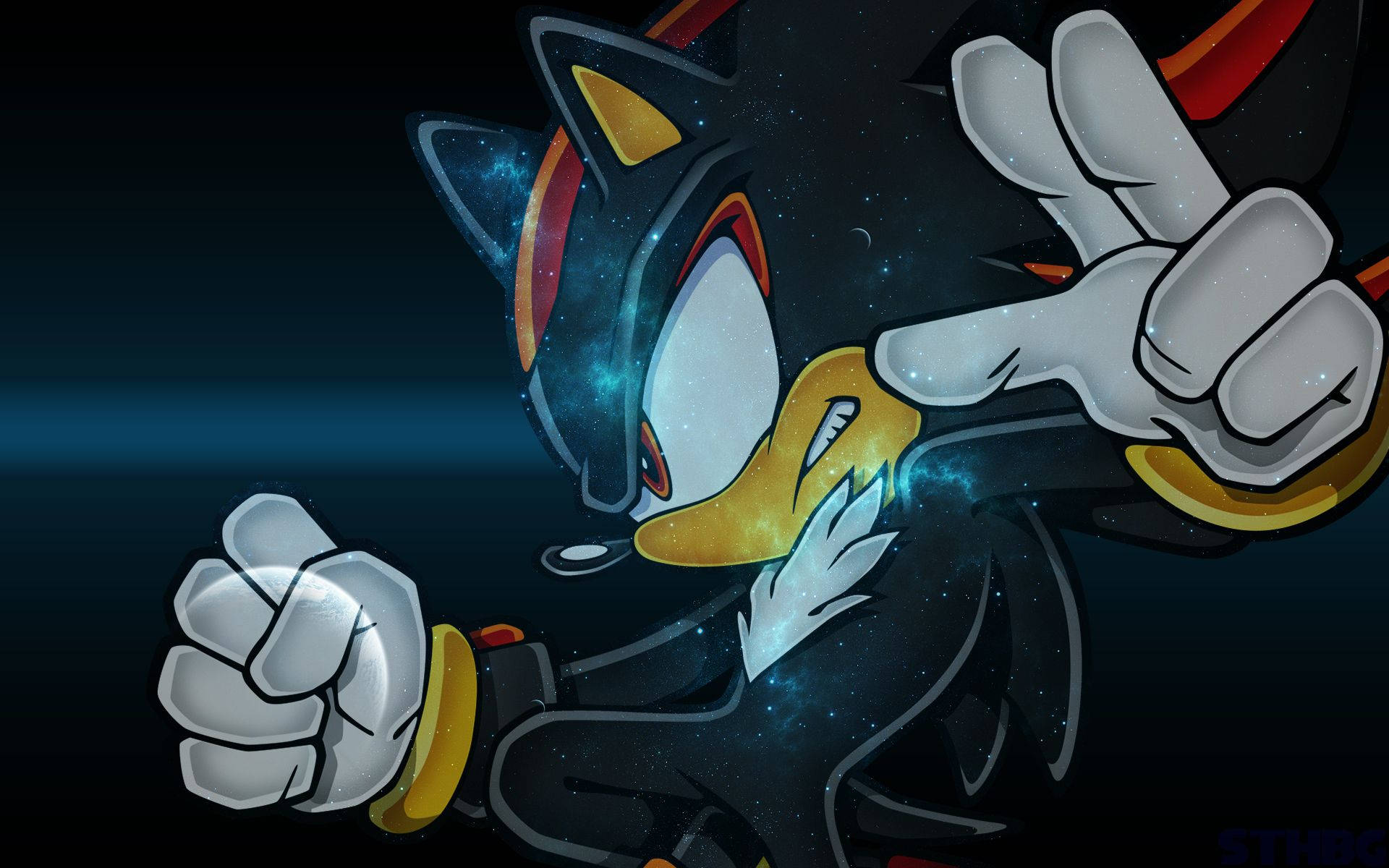Shadow The Hedgehog 桌布 壁紙 — Shadow the Hedgehog 在宇宙星空背景下以動感姿態擺出姿勢，伴隨著發光的藍色能量效果。