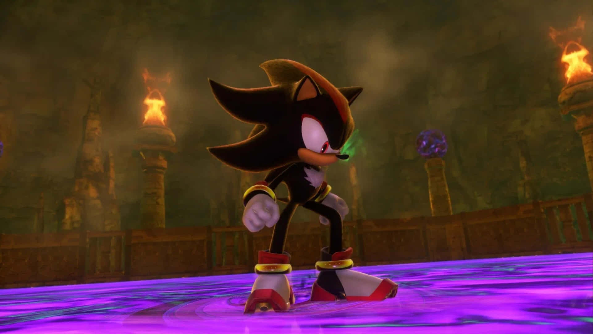  壁紙 — Shadow the Hedgehog 站在發光的紫色液體上，身處一個由火炬照亮的昏暗古代遺跡中。