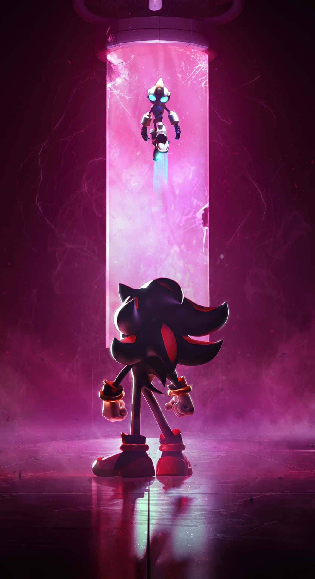  壁紙 — Shadow the Hedgehog 站在一個深紫色的實驗室裡，看著一個發光的粉紅色圓柱形艙室，裡面漂浮著一個小機械人。