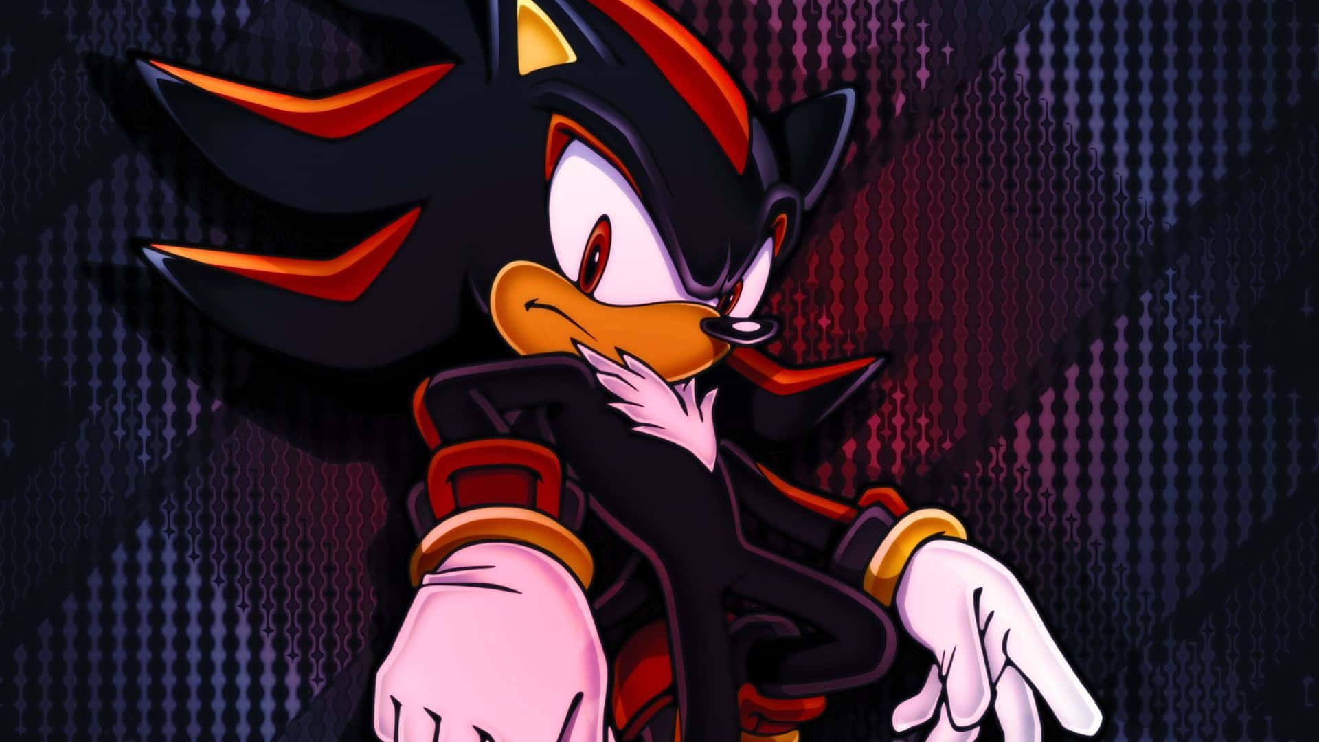  壁紙 — Shadow the Hedgehog 自信地站在帶有紅色和紫色色調的黑暗數位背景中。