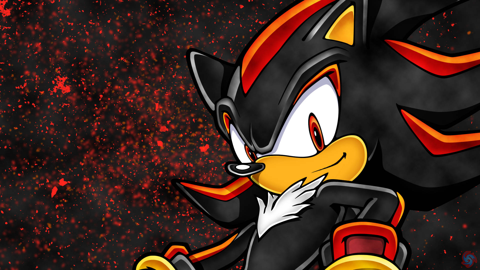 暗影刺蝟 桌布 壁紙 — Shadow the Hedgehog 自信地站在黑暗背景前，周圍有紅色火花飛舞。